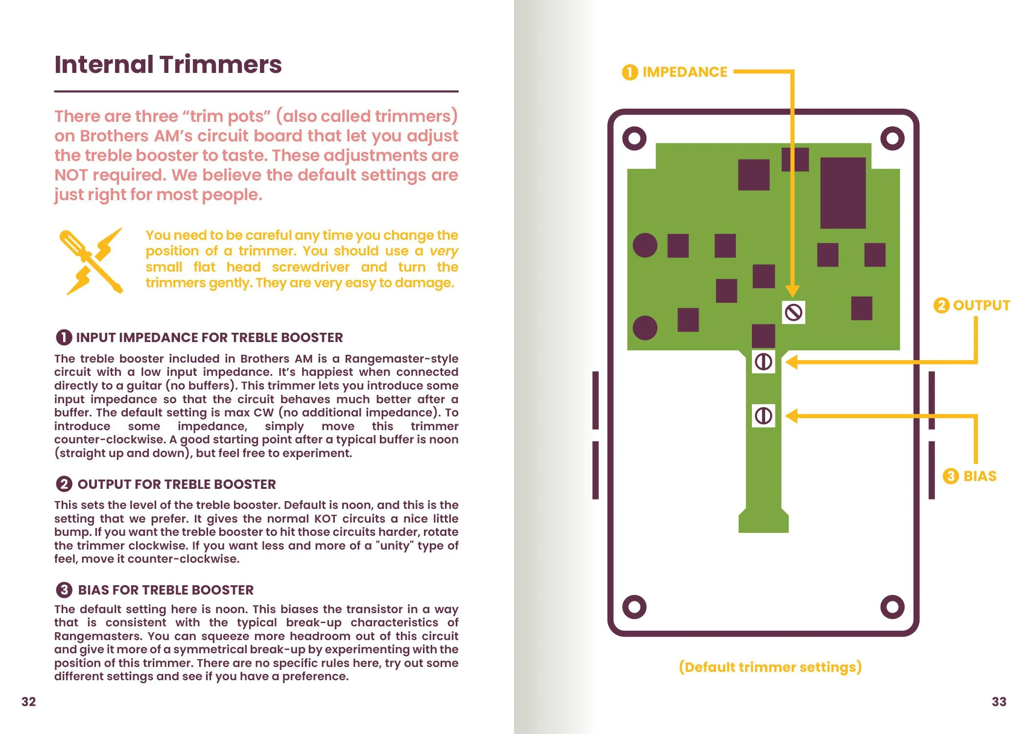 Diagram of internal trimmers on a circuit board, showing impedance, output, and bias adjustments with labeled arrows.
