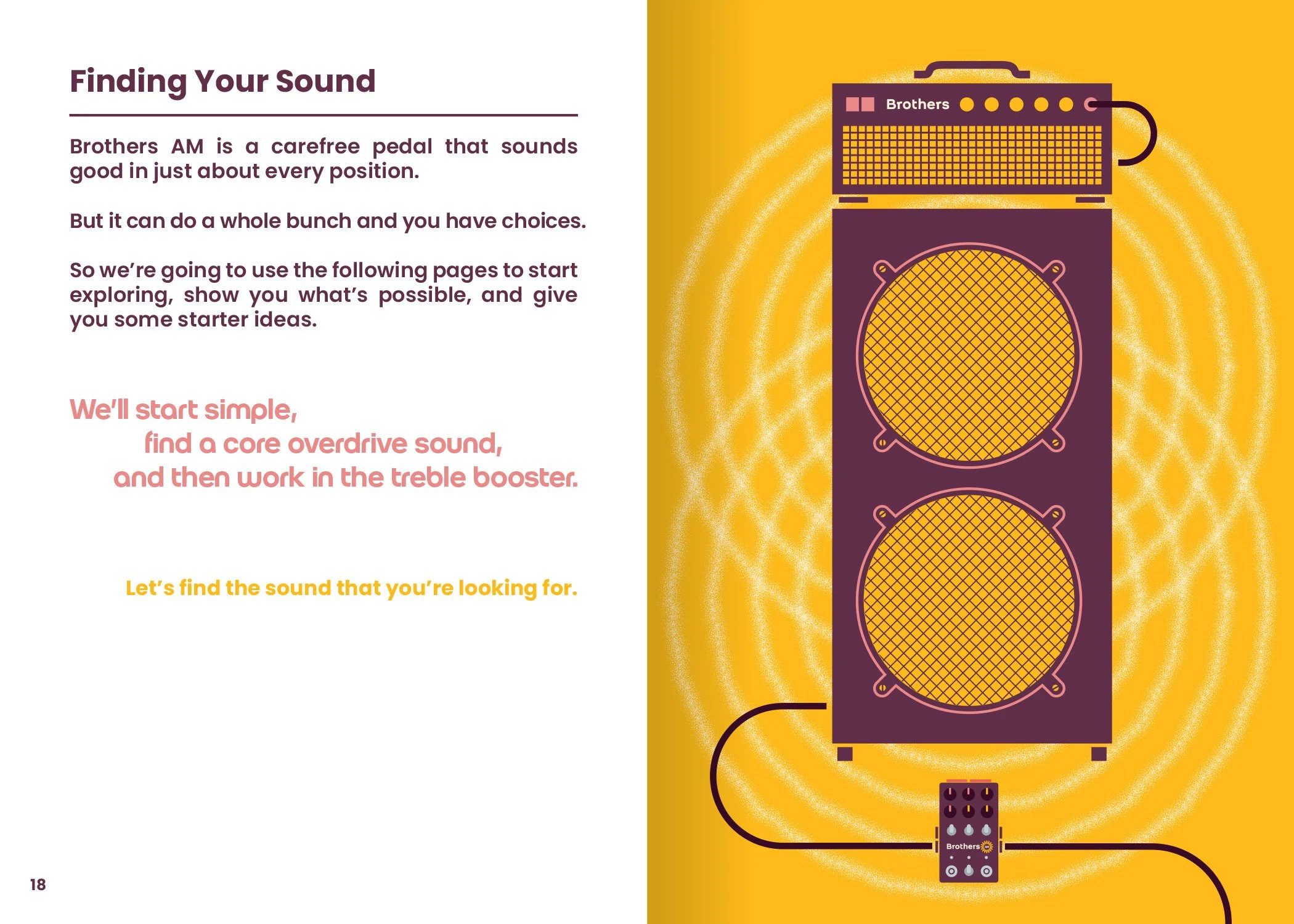 A two-page spread with instructions about a Brothers brand AM pedal on the left and an illustration of a speaker with a connected device on the right. The background is yellow with waves radiating from the speaker. The text explains the pedal's funct