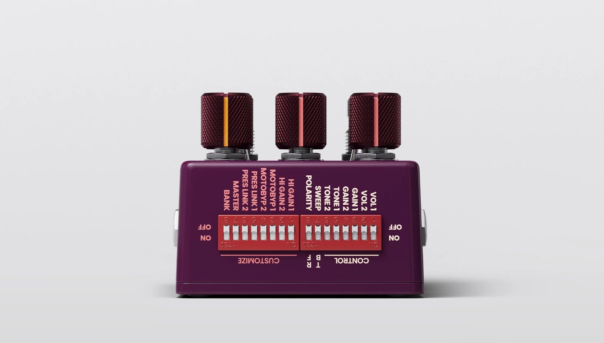 Dip switches on the back of the Brothers AM effects pedal from Chase Bliss.