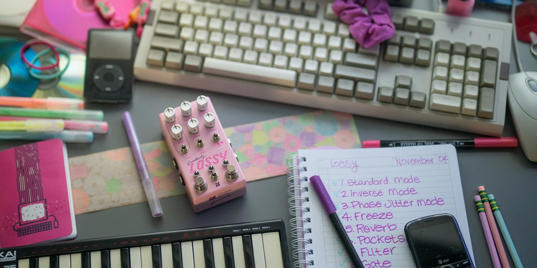 Lossy effects pedal surrounded by retro technology.