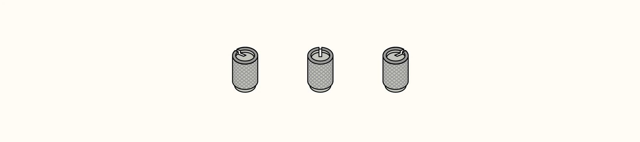 Three cylindrical filters with textured surfaces and top tabs, arranged in a row.