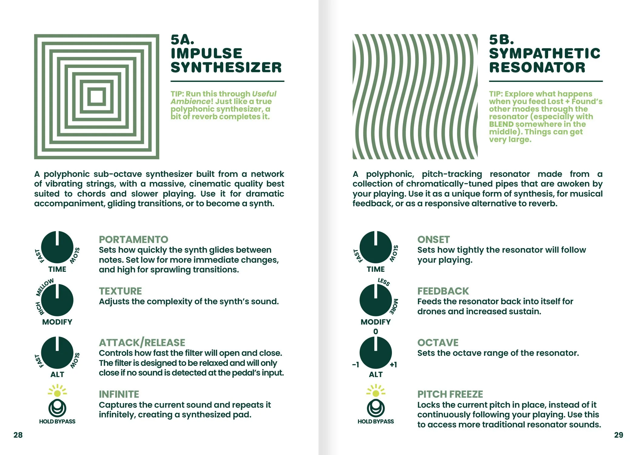Descriptions of the Impulse Synthesizer and Sympathetic Resonator; two modes in the "Lost + Found" by Chase Bliss.