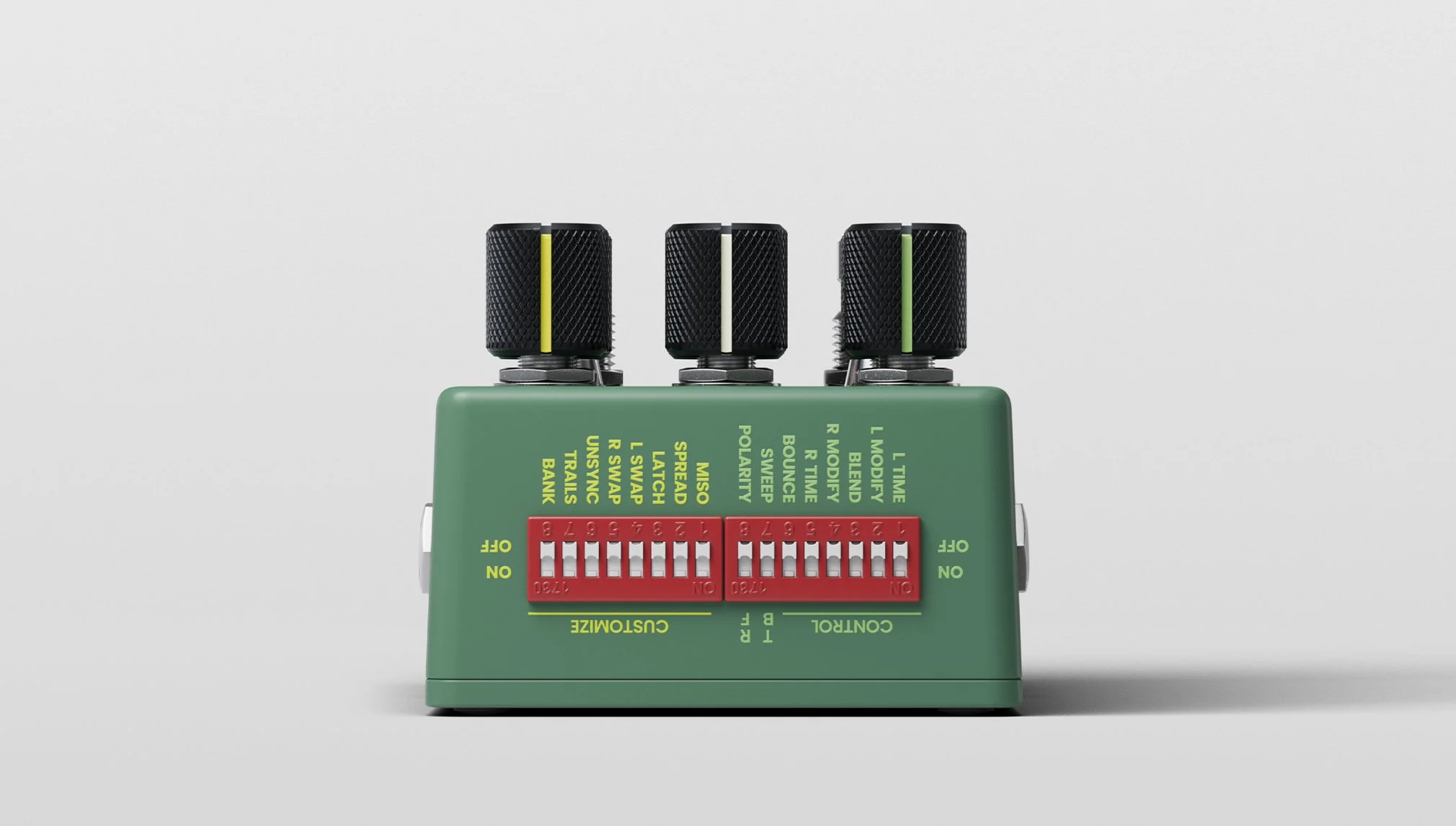 Dip switches on the back of the Lost + Found effects pedal from Chase Bliss.