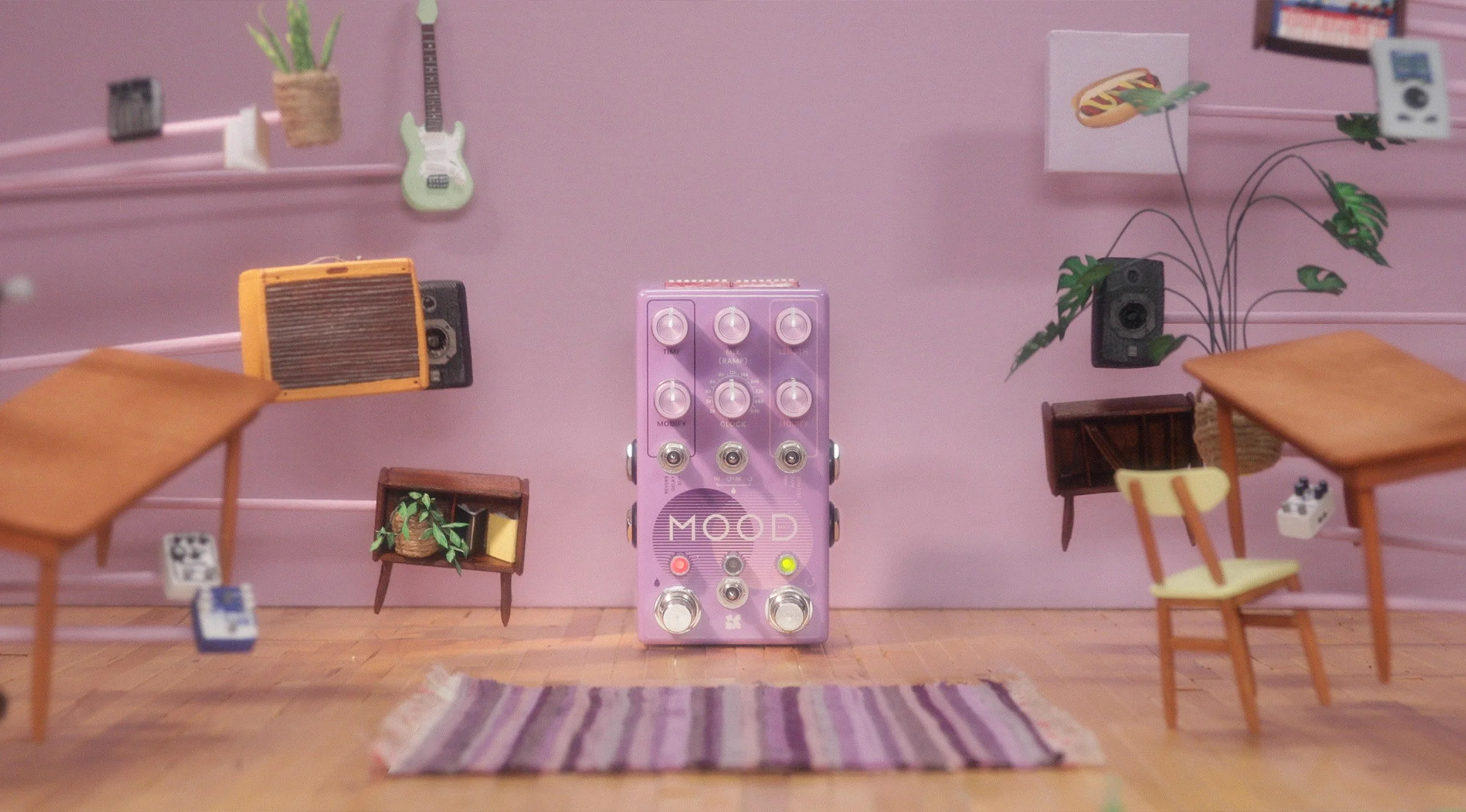 Mood MKII surrounded by floating miniature furniture.