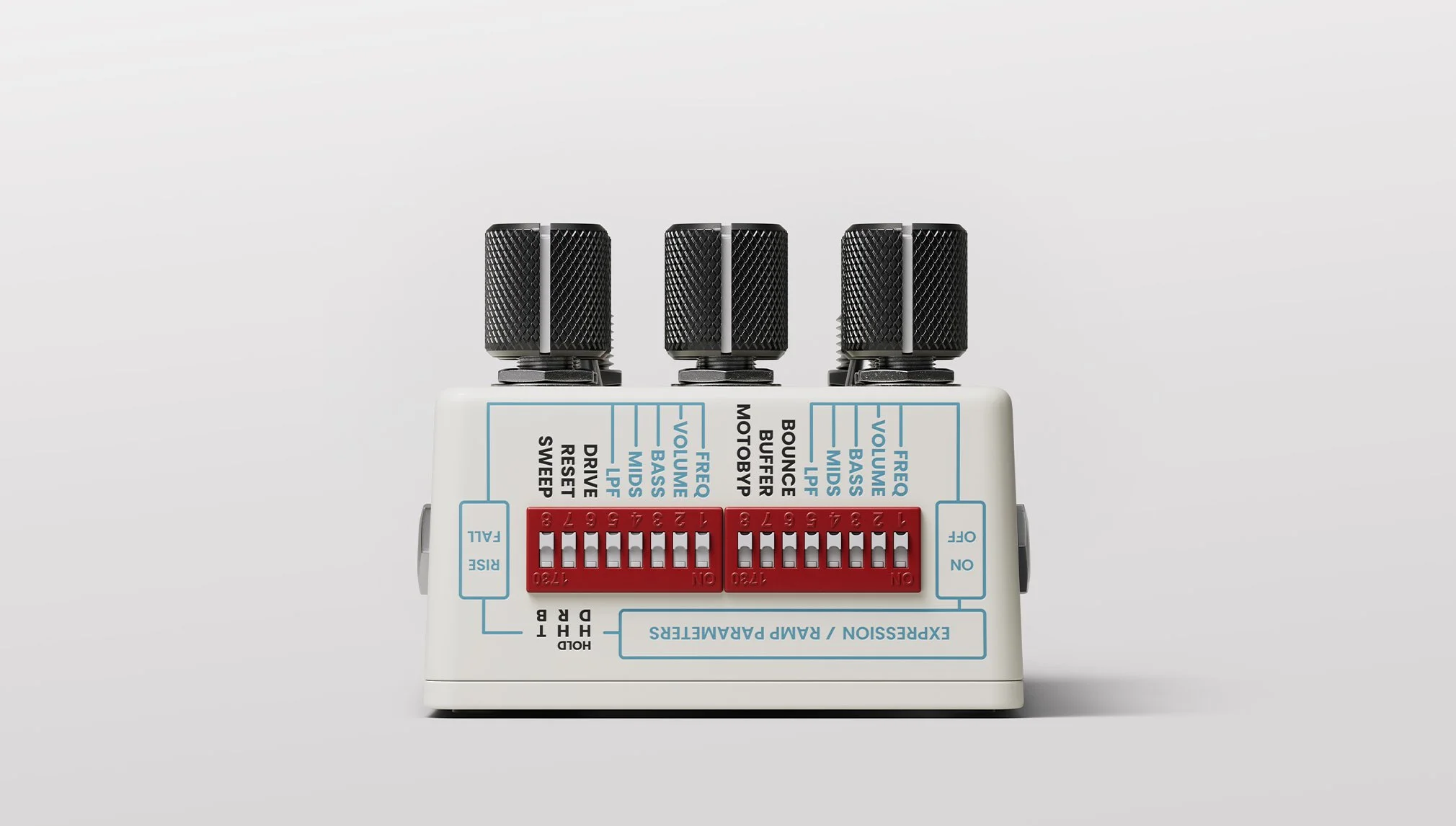 Close up of dip switches on the top of the Condor HiFi effects pedal from Chase Bliss.