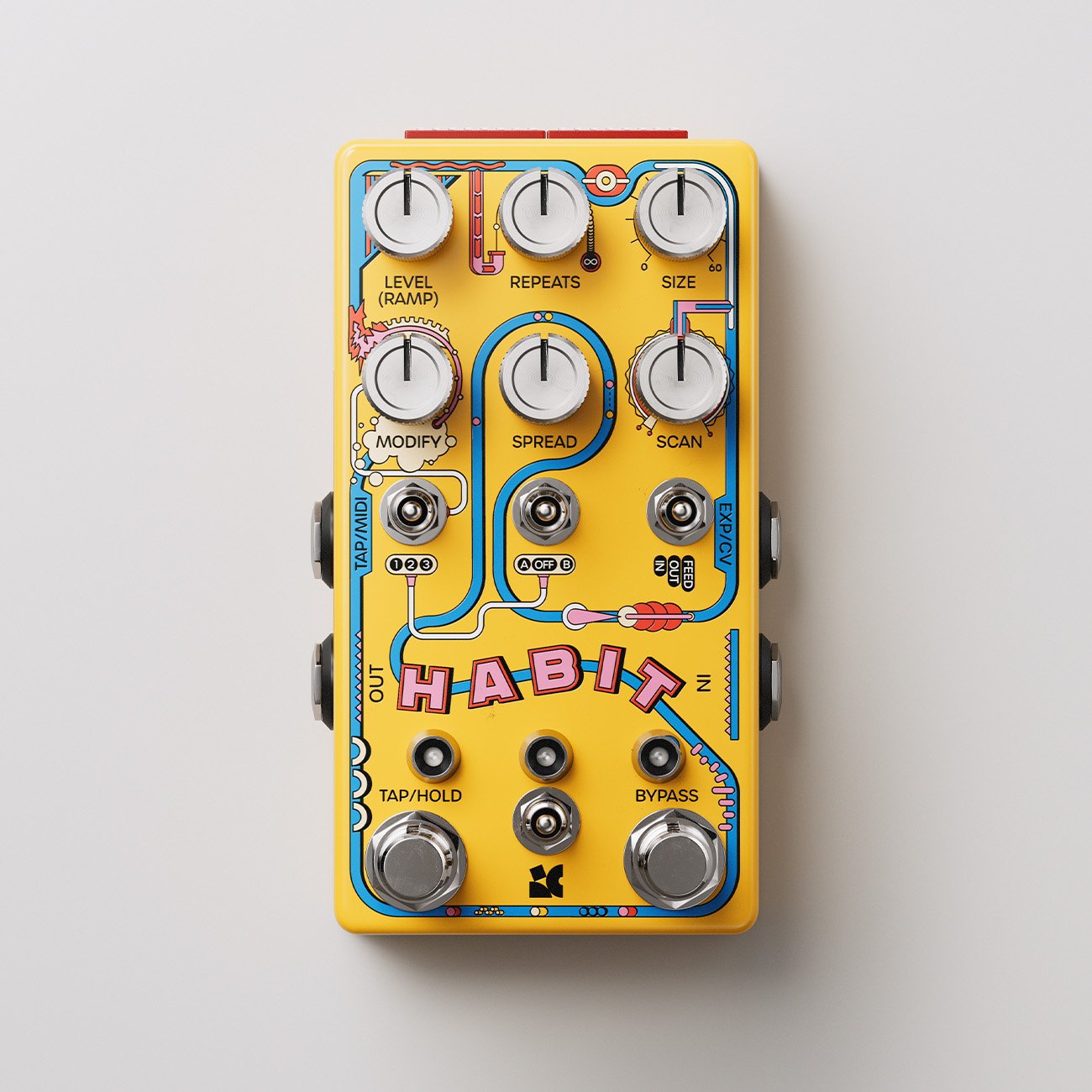 Close up of the Chase Bliss Habit effect pedal.