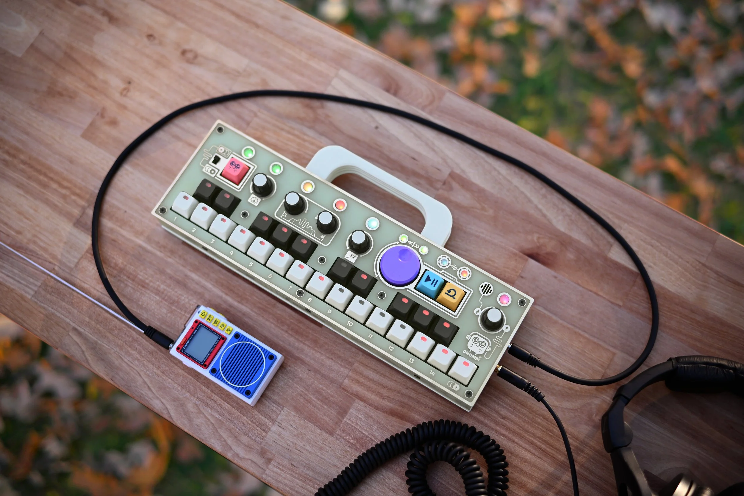 CHOMPI "Storytime" limited edition sitting on a wooden table in the woods.