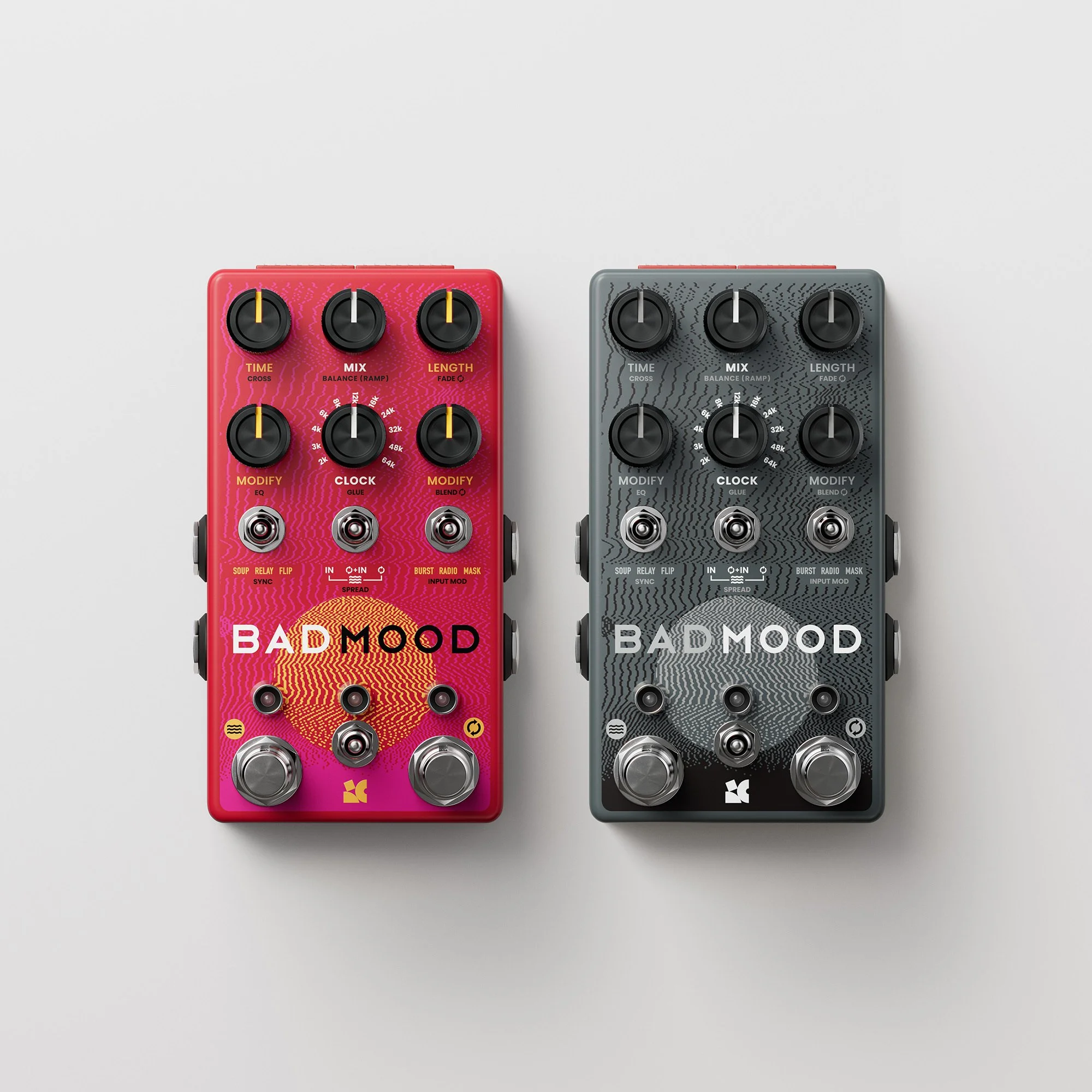 Render of the two Chase Bliss Bad Mood effects pedal colorways, red and grey.