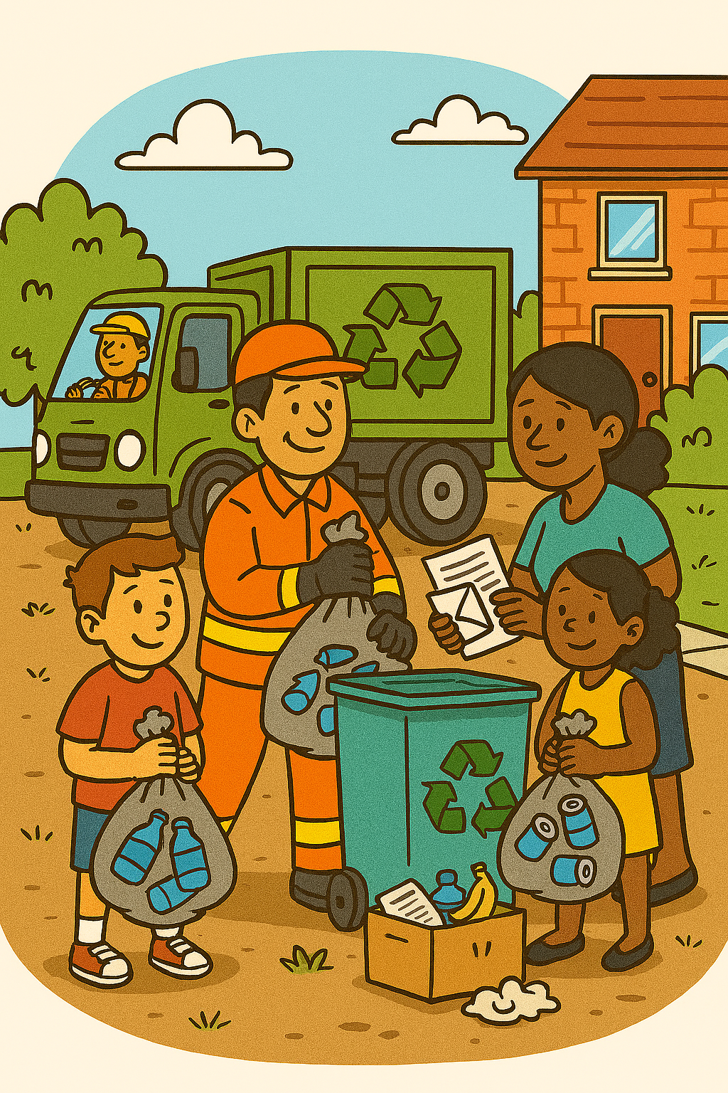 Grupo de personas, incluyendo un bombero, una mujer y dos niños, recolectando y reciclando basura en una zona residencial con una casa y un camión de basura de fondo.