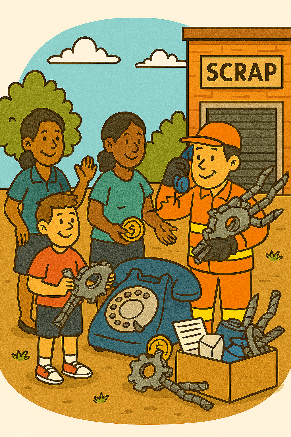 Una escena de reciclaje con un trabajador y varias personas. personal con uniforme naranja recibe del niño chatarra. Un cartel en la estación de reciclaje dice 'SCRAP'. El grupo está en un espacio al aire libre con árboles y nubes.