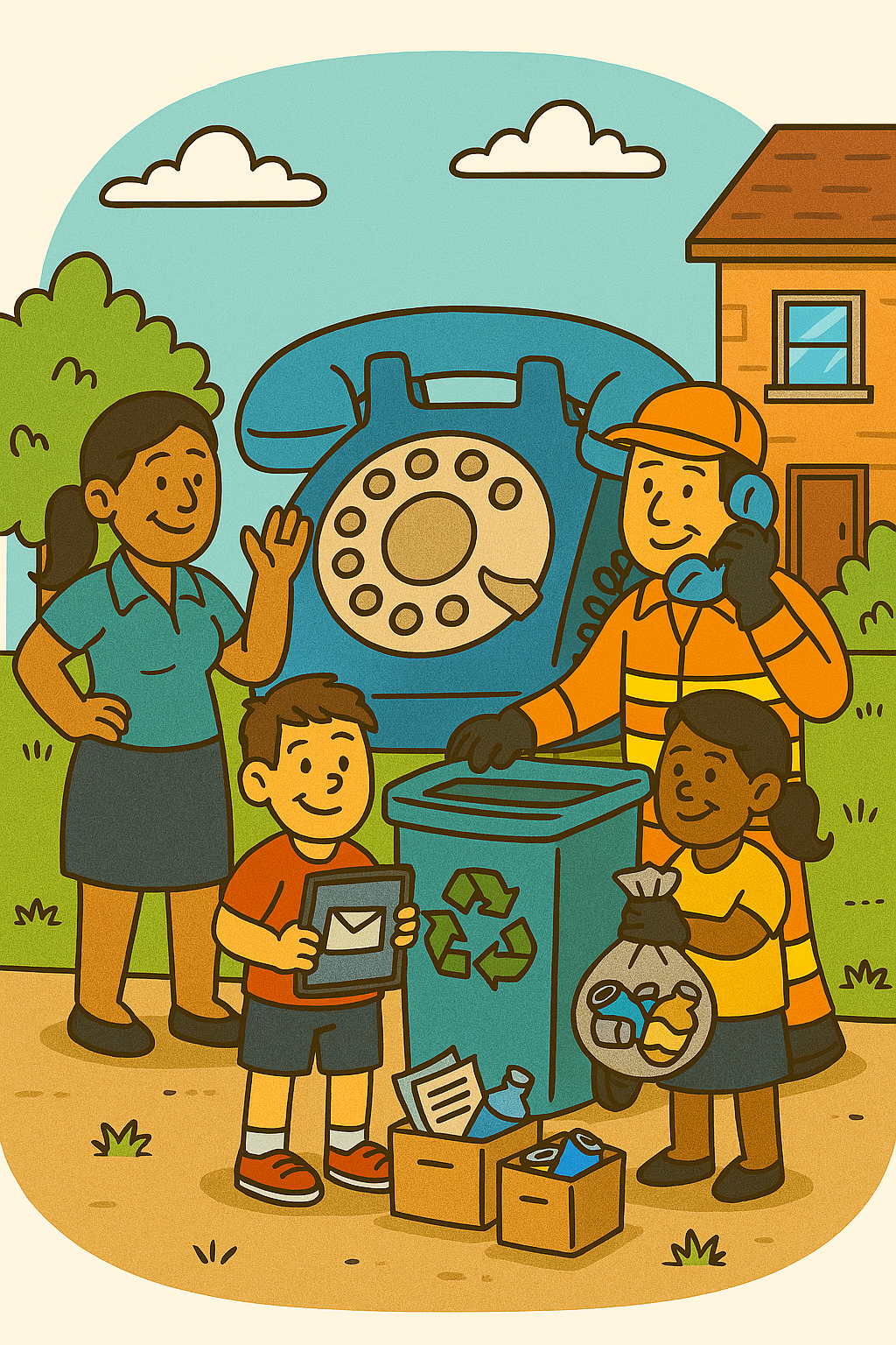 Un grupo de niños y adultos participando en un programa de reciclaje de basura, en un espacio abierto con un árbol y una casa, frente a un teléfono antiguo y un contenedor de reciclaje con símbolo de reciclaje, recogiendo y depositando botellas y papel para reciclar.