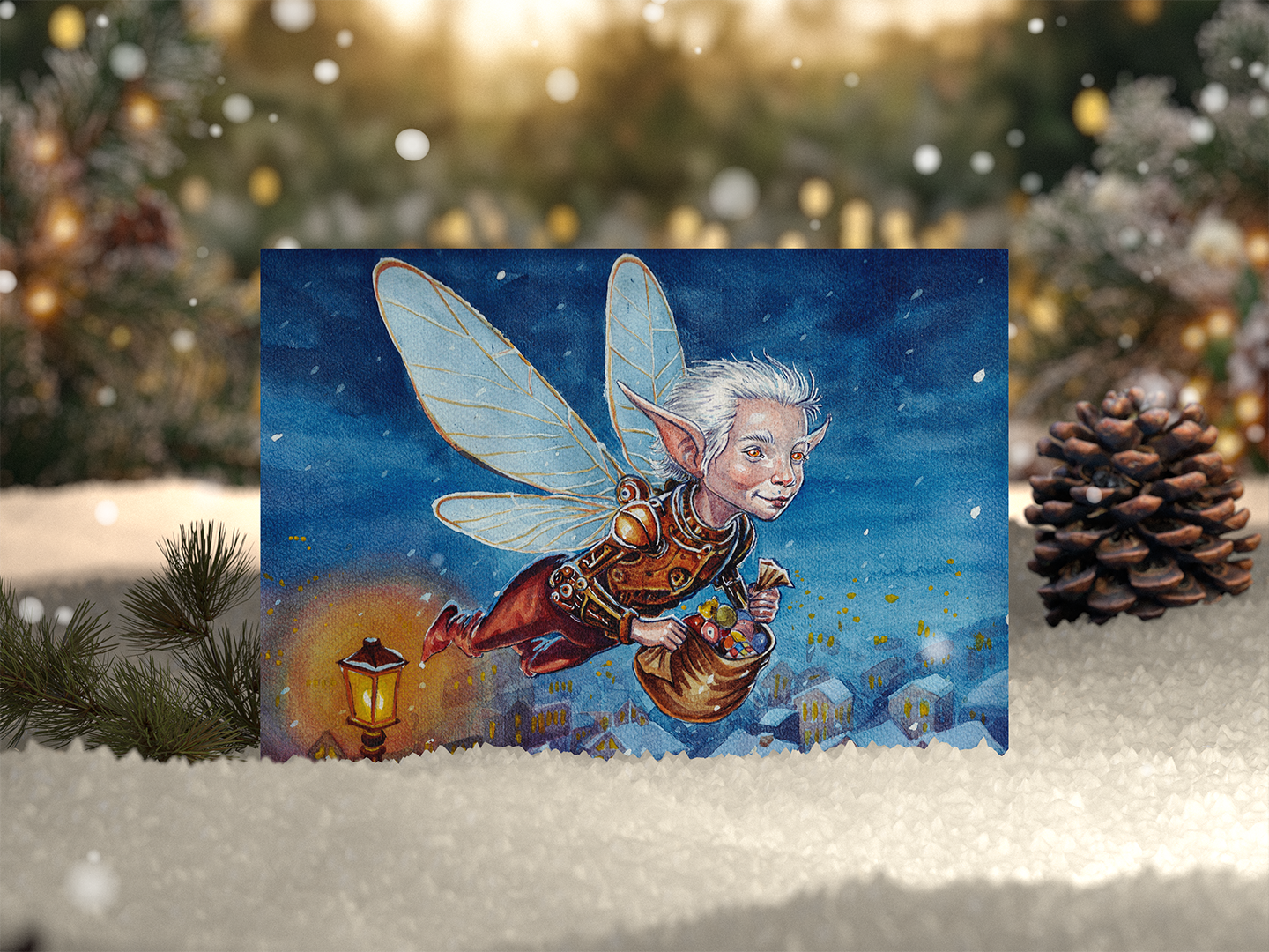 A fantasy illustration of a fairy with elf-like features, flying over a snowy town at night, holding a basket of presents, with snow falling and a lamppost illuminating the scene.