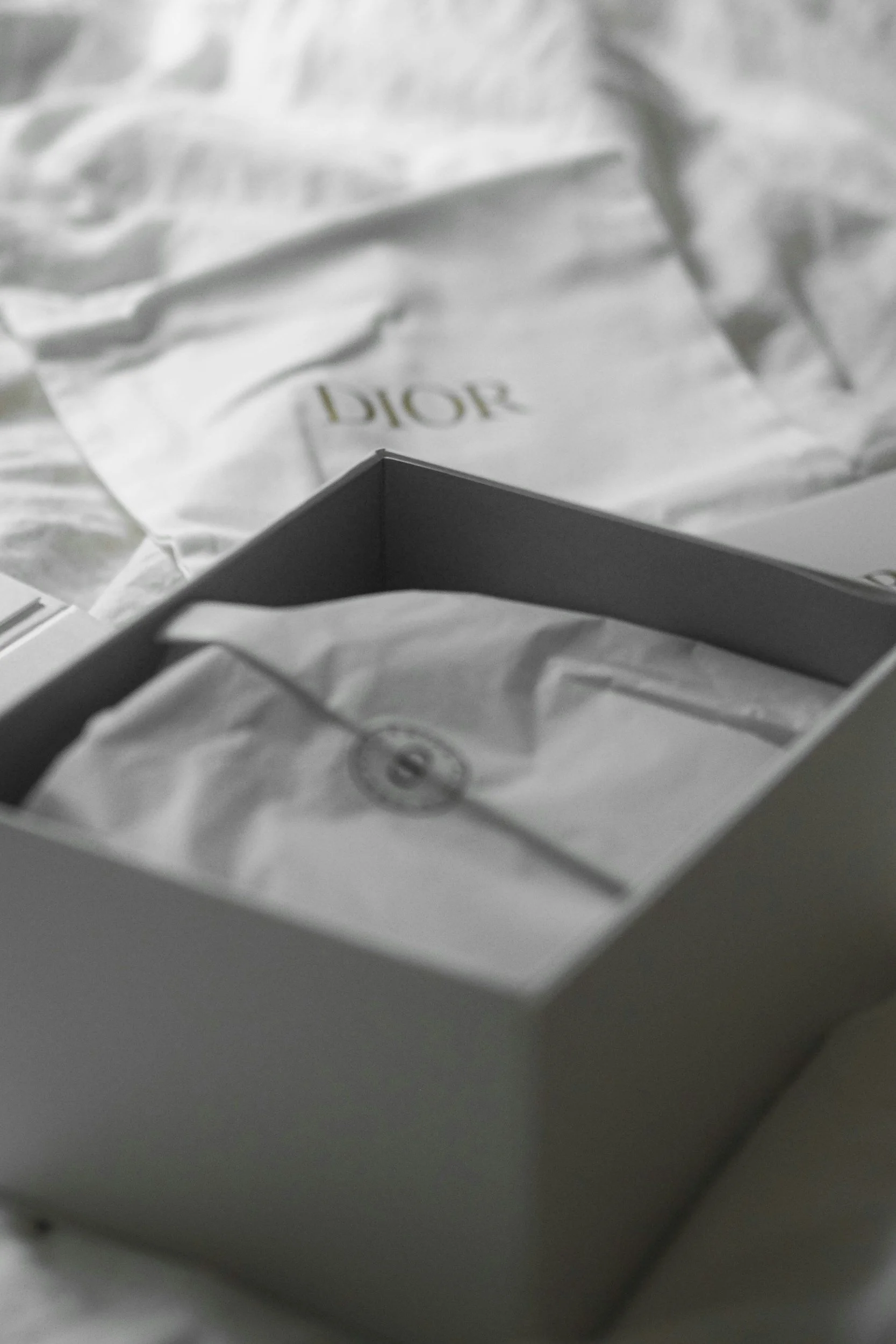 Ambalaj cu marca Dior, cu hârtie absorbantă și o cutie în interiorul unei pungi albe de cumpărături Dior. Dior branded packaging with tissue paper and a box inside a white Dior shopping bag.