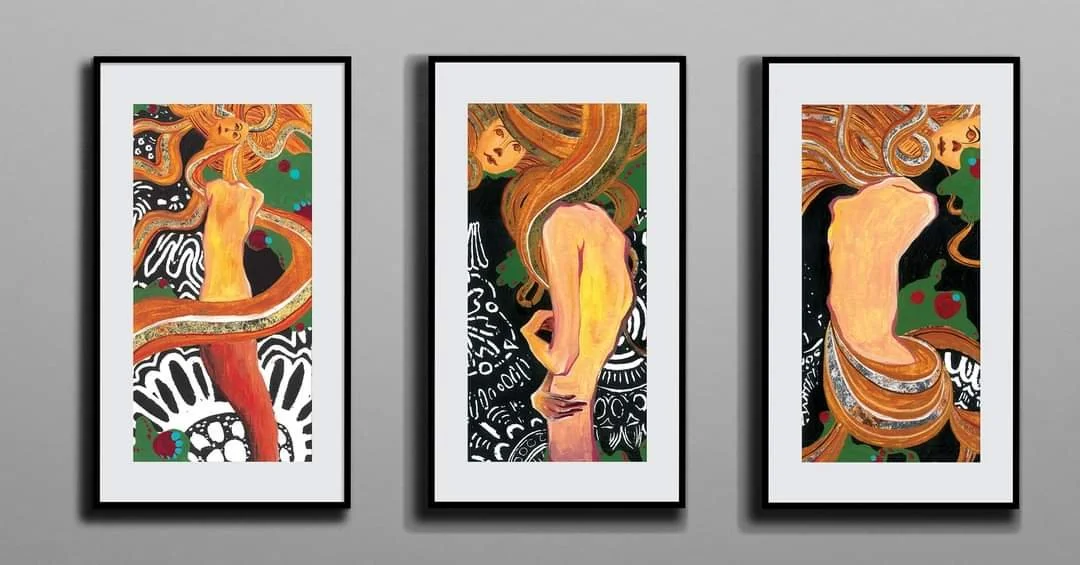 Triptych of three framed paintings depicting abstract female nudes with flowing hair, set against intricate black, white, and green backgrounds with red accents.