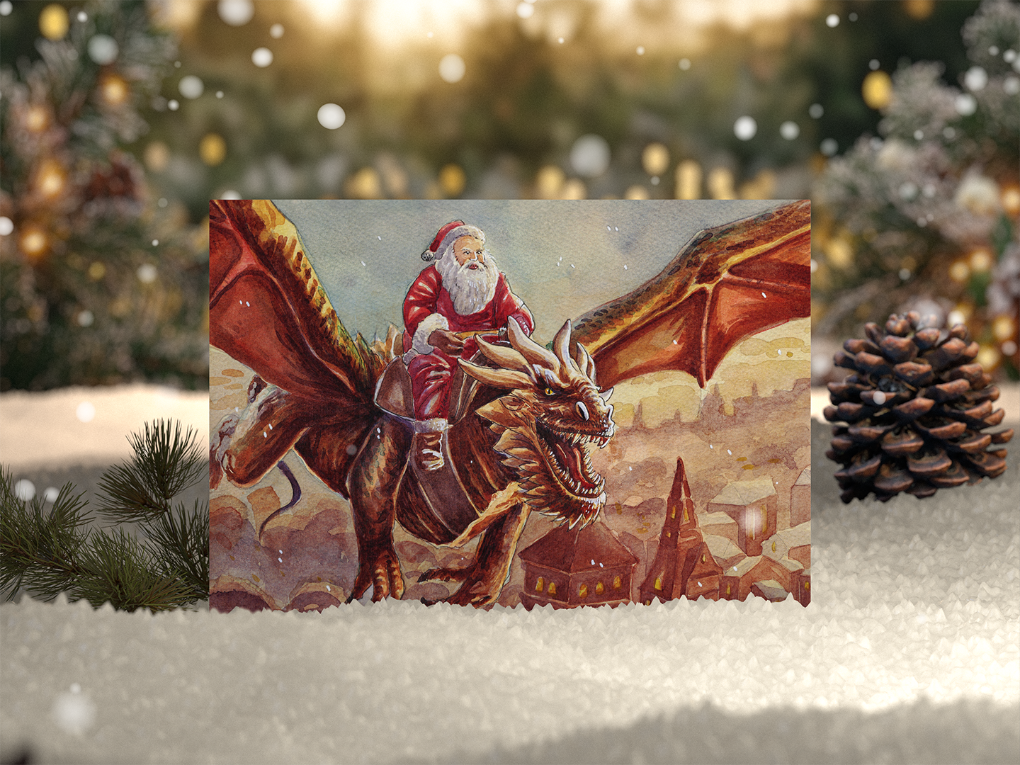 A festive illustration of Santa Claus riding a fire-breathing dragon over a town, with snow and pinecones in the foreground.