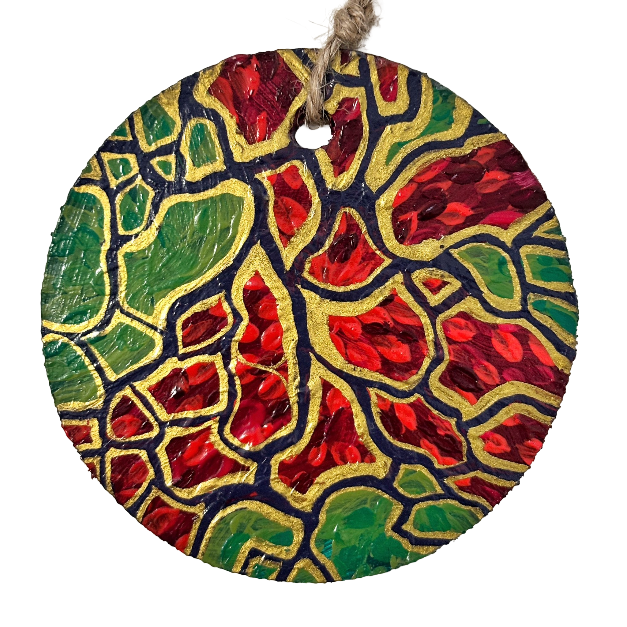 decoratiune-de-arta-kintsugi-carton-reutilizat-rosu-verde-auriu-acrilice-rotund