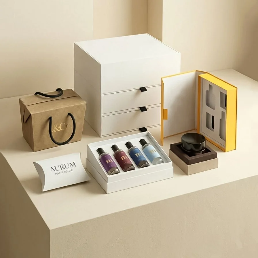 Multiple Luxury Package Boxes and Inlays Sit in A Minimalistic and Well Lit Studio
