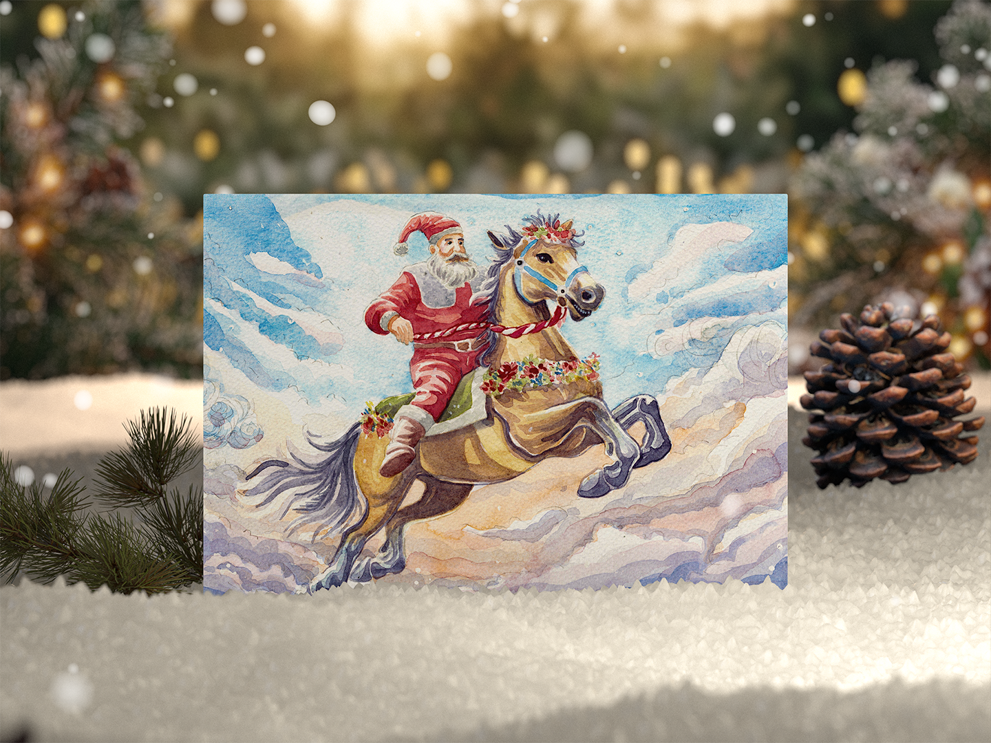 Illustration of Santa Claus riding a horse with clouds and sky in the background, decorated with flowers on the horse's head and body.