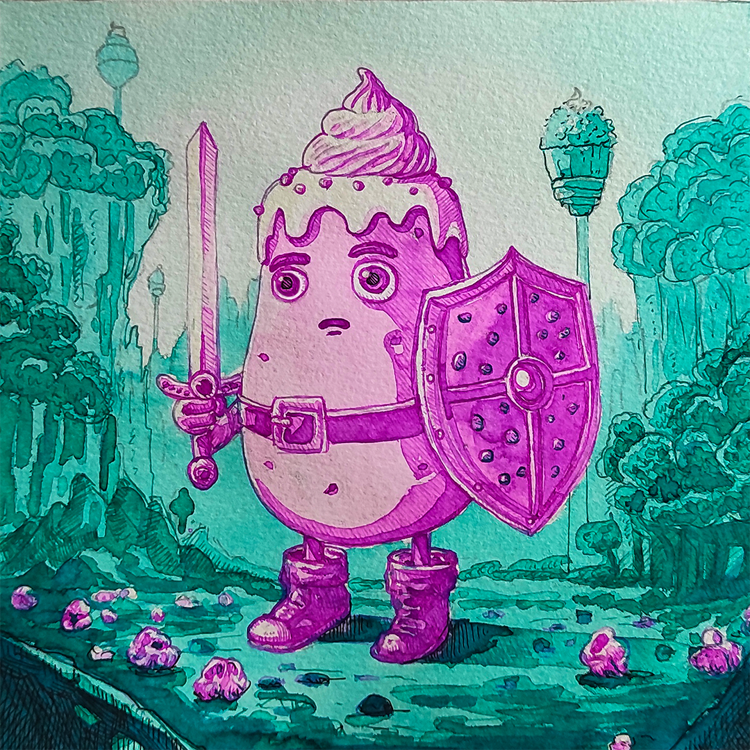 A cartoon character resembling a potato with a face, dressed as a knight with a sword, shield, and armor boots, standing in a forest with trees and flowers, sketched in purple and teal colors.