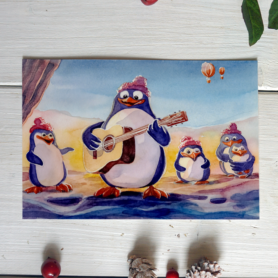 A colorful illustration of five cartoon penguins wearing pink hats, with one playing a guitar, set outdoors against a bright sky with hot air balloons.