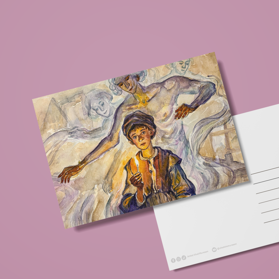 O carte poștală după o pictură în acuarelă reprezentând un băiat ținând o lumânare cu figuri angelice în spatele lui, pictată în tonuri blânde de pământ.