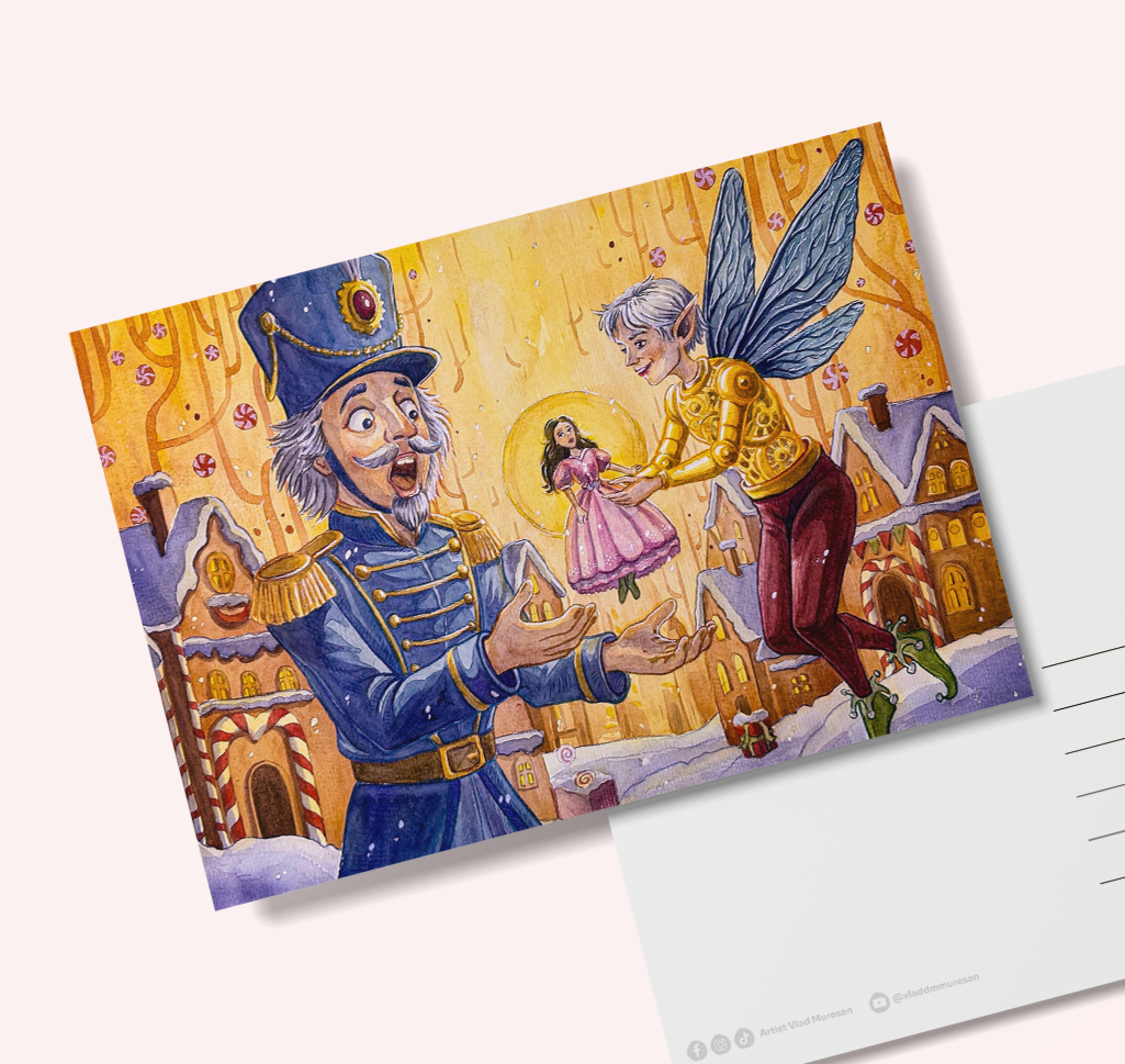 O scenă festivă de iarnă cu un personaj de basm cu aripi, elf, care dăruiește o păpușă într-o rochie roz unei figuri prințiale îmbrăcate în albastru și cu o pălărie mare, Spărgător de Nuci, în fața clădirilor decorate ale unui oraș de dulciuri.