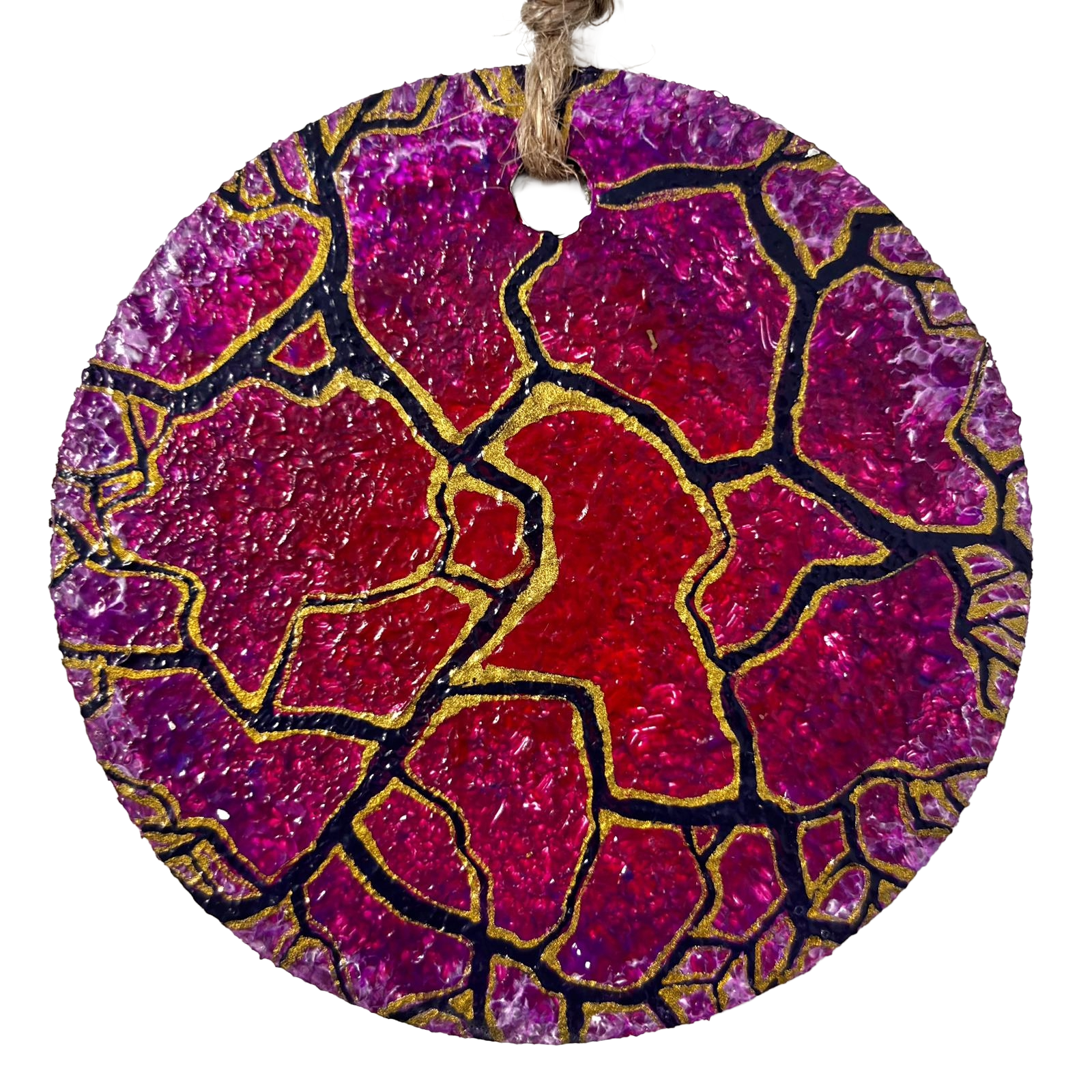 Kintsugi-Nodul-Galactic-Decoratie-de-Artă-Carton-Rotund-Tehnica-Mixtă-Rosu-Fuchsia