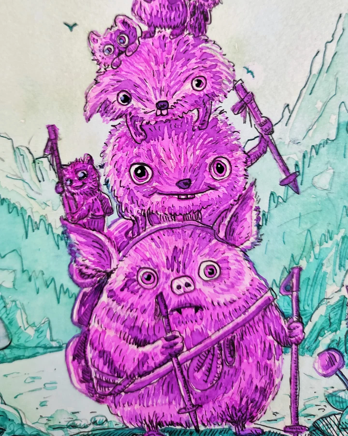 A colorful illustration of four purple, furry, animal-like creatures with large, expressive eyes, standing outdoors among green foliage, holding spears and sticks.