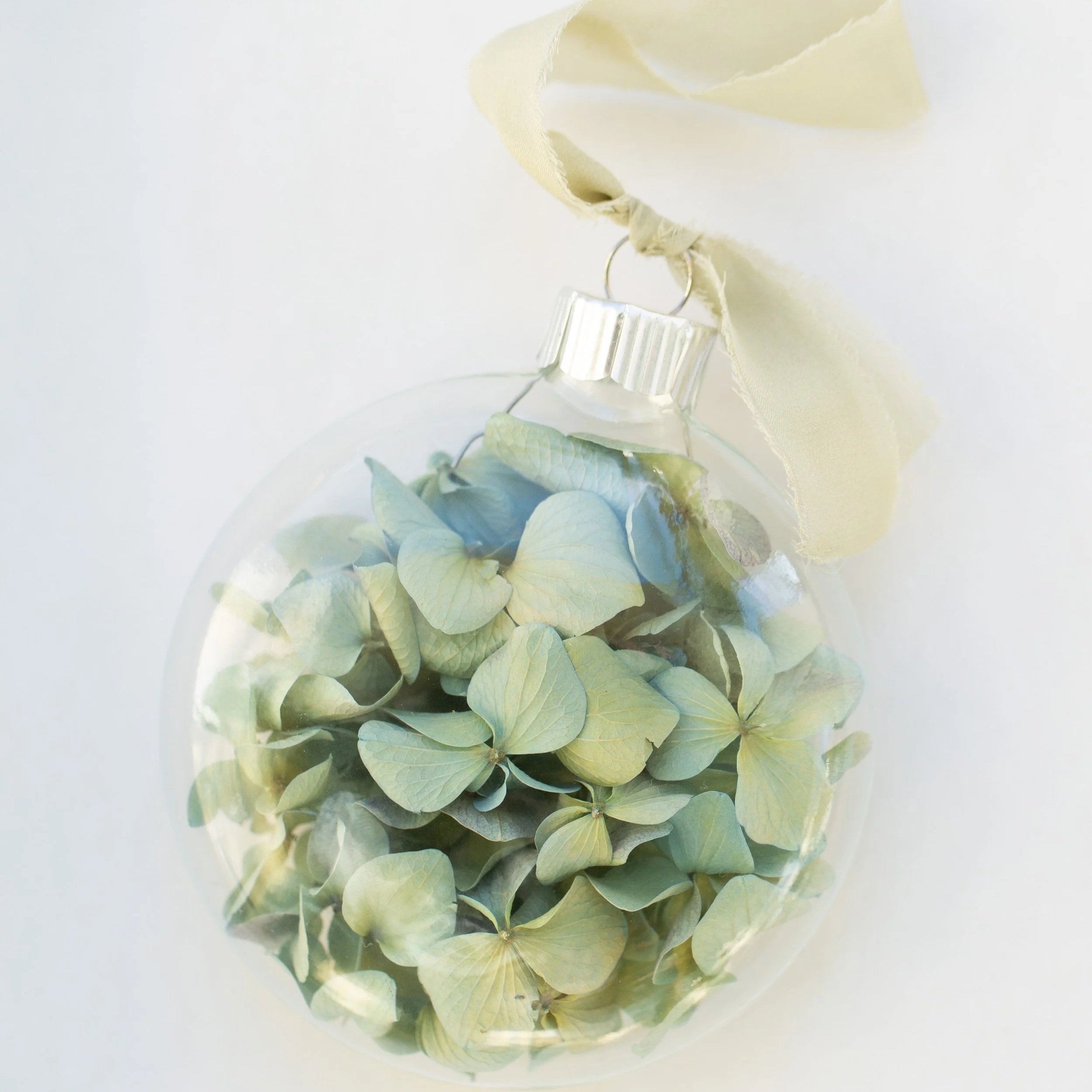 Hydrangea Glass Ornament - Green Hues with Dew Silk Ribbon