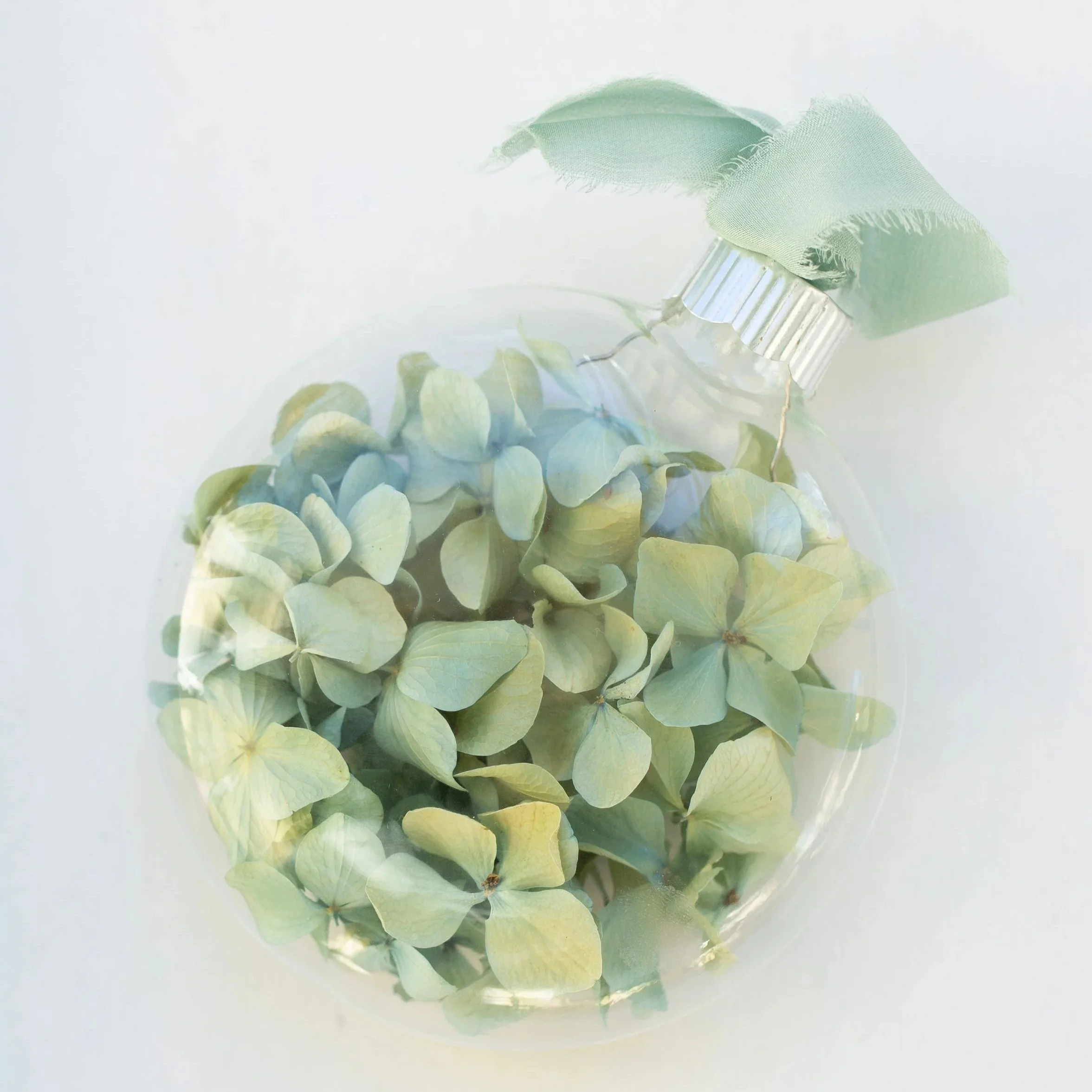Hydrangea Glass Ornament - Blue & Green Hues with Sky Silk Ribbon