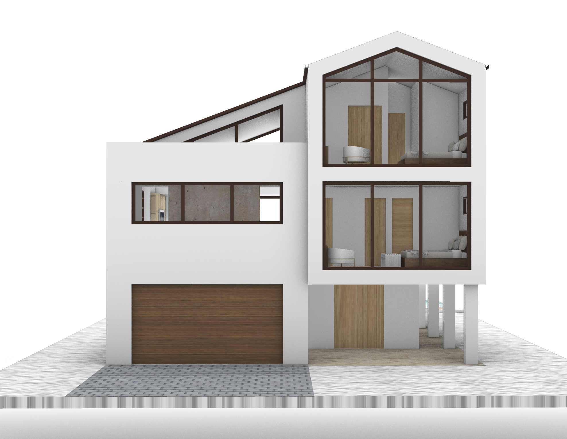 Modern multi-story house with large glass windows, white exterior walls, wooden accents, and a garage. The interior rooms, visible through the windows, include bedrooms with beds and closets.