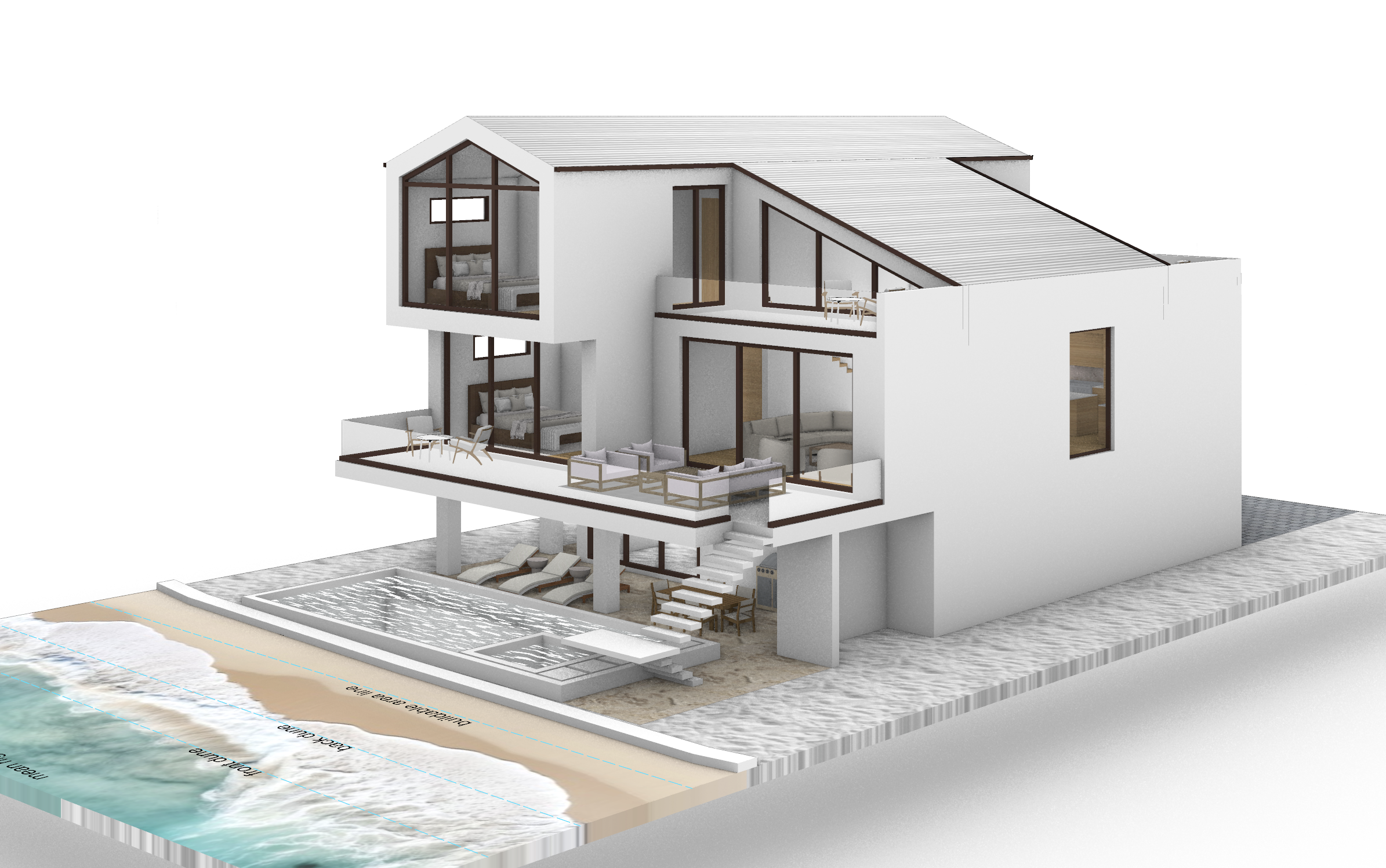3D rendering of a modern, multi-story house with large glass windows, outdoor terraces, an infinity pool, and beach access
