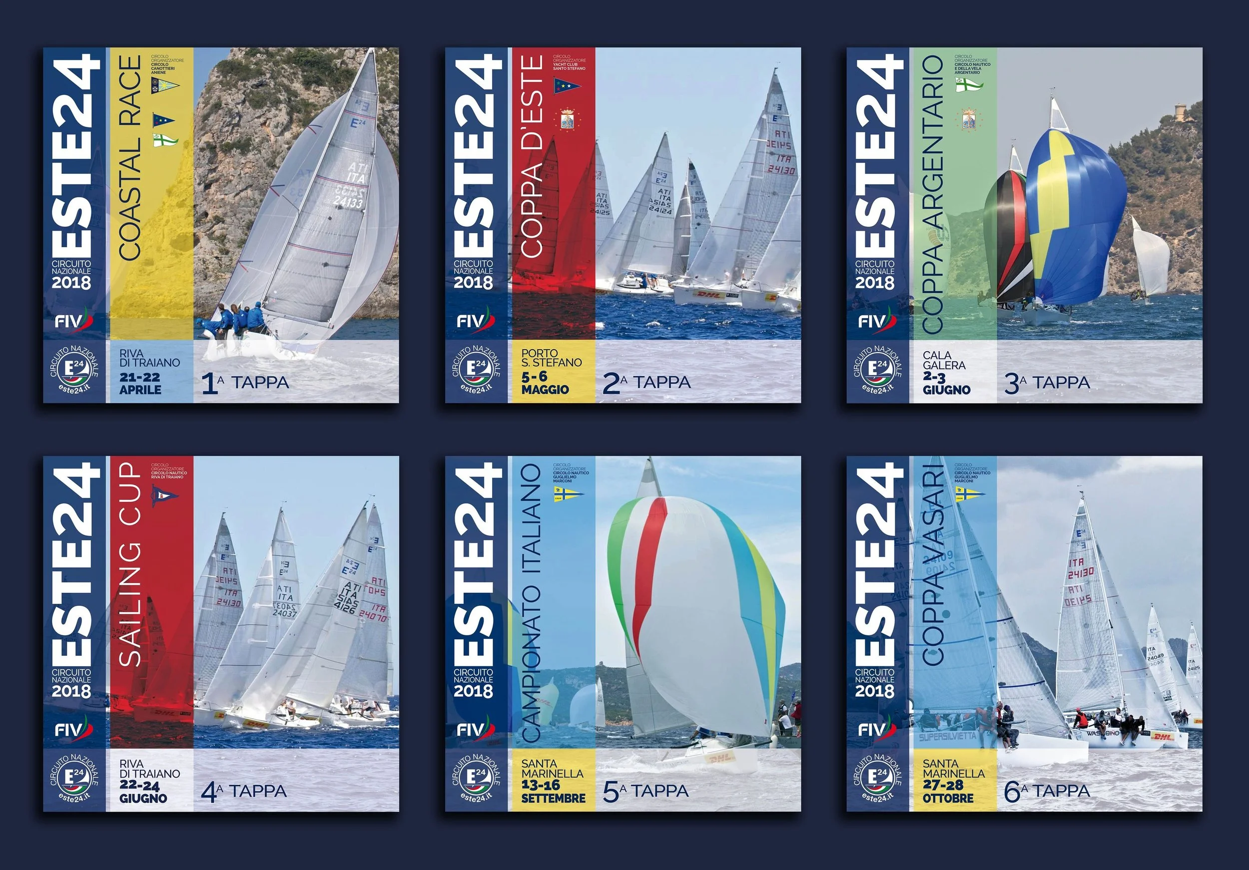 Sei manifesti pubblicitari di eventi di vela del circuito nazionale E24 del 2018, con immagini di barche a vela in gara e dettagli sulle tappe e le date.