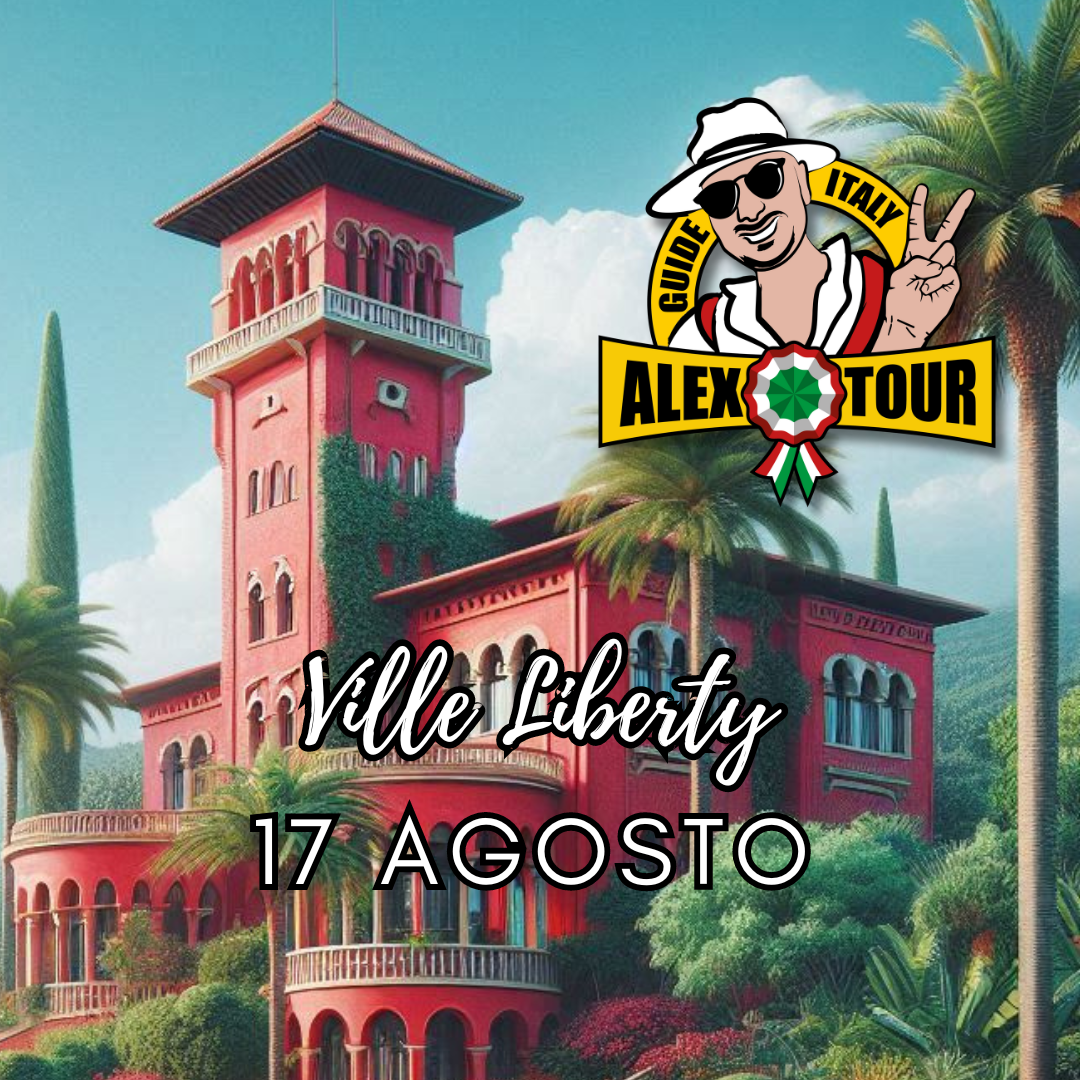 Immagine di Villa Liberty color rosa con giardino rigoglioso e palme, un evento del tour di Alex Guide Italy il 17 agosto.