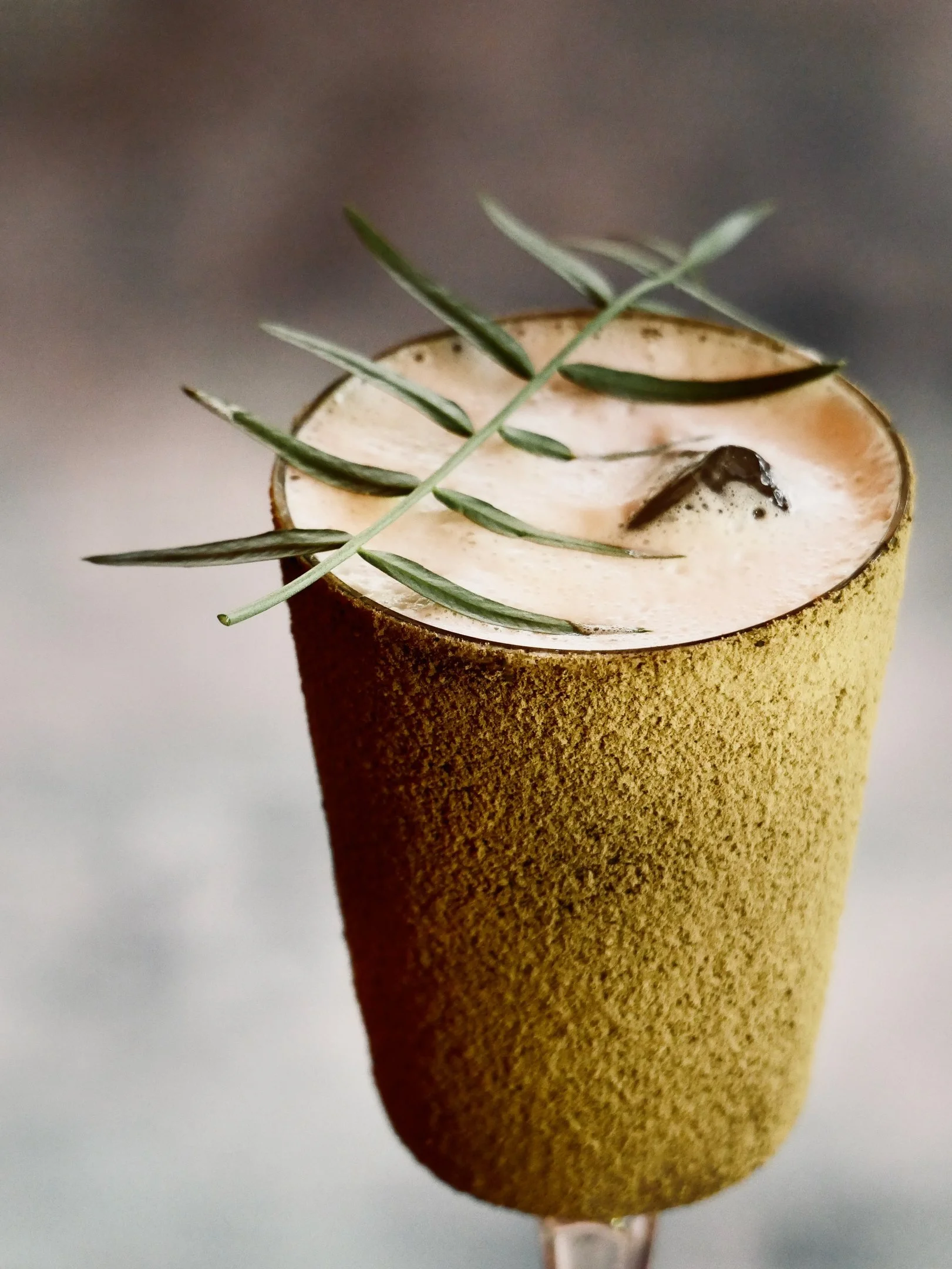 Cocktail con decorazione di rametto e schiuma sulla superficie