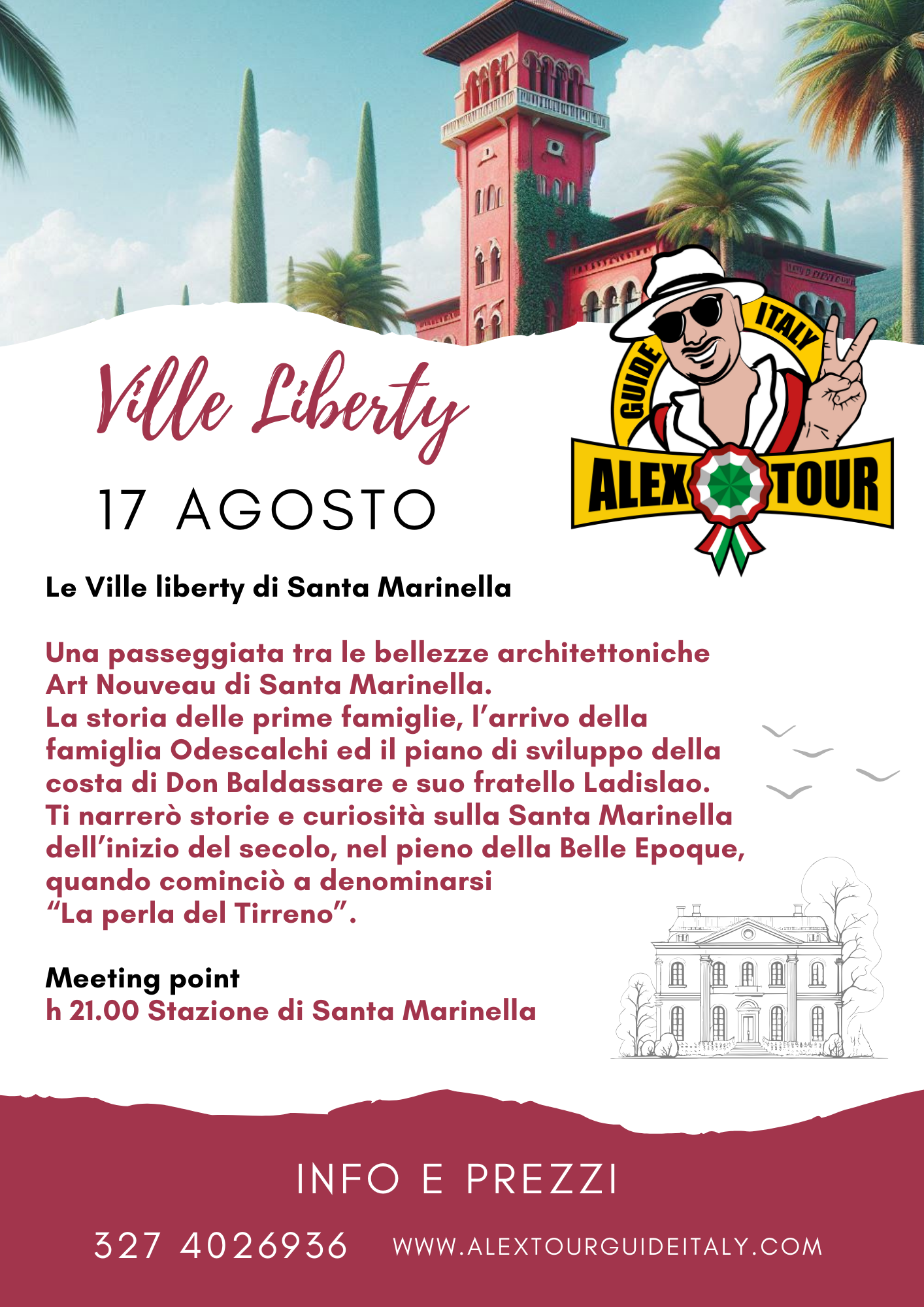 Locandina di un tour a Santa Marinella, Italia, con dettagli sull'evento e un logo di un guida turistica con un uomo con cappello e occhiali da sole.