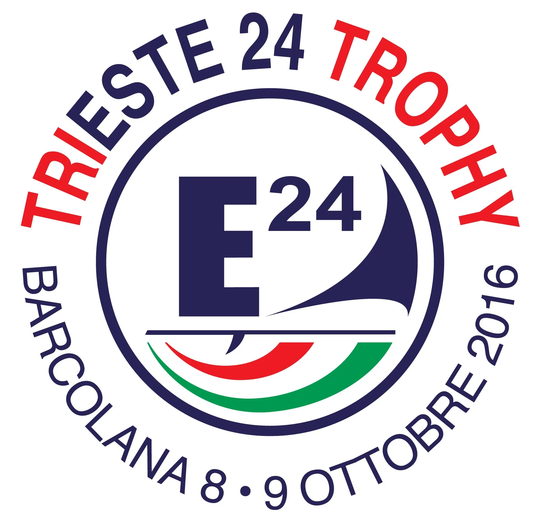 Logo dell'Evento Trifest 24 Trapohy, tenutosi presso il circolo ricreativo Barcolana il 8 e 9 ottobre 2016, con immagine stilizzata di una barca a vela e colori rosso, verde e blu.