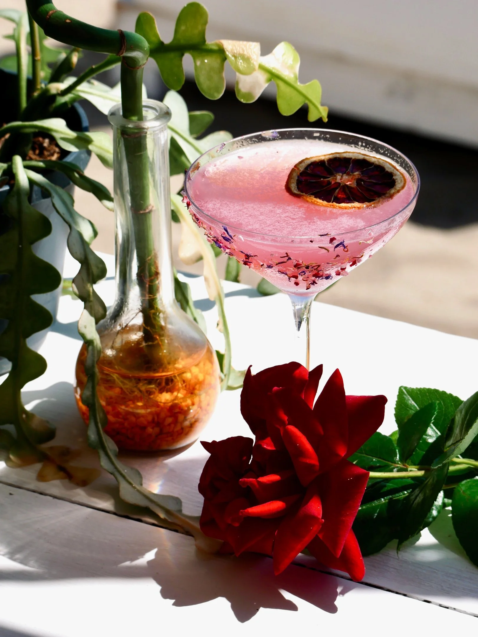 Un cocktail rosa in un bicchiere da cocktail con un sottile liman di agrumi, decorato con petali di fiori e un tocco di schiuma, accompagnato da una rosa rossa e piante verdi sul tavolo