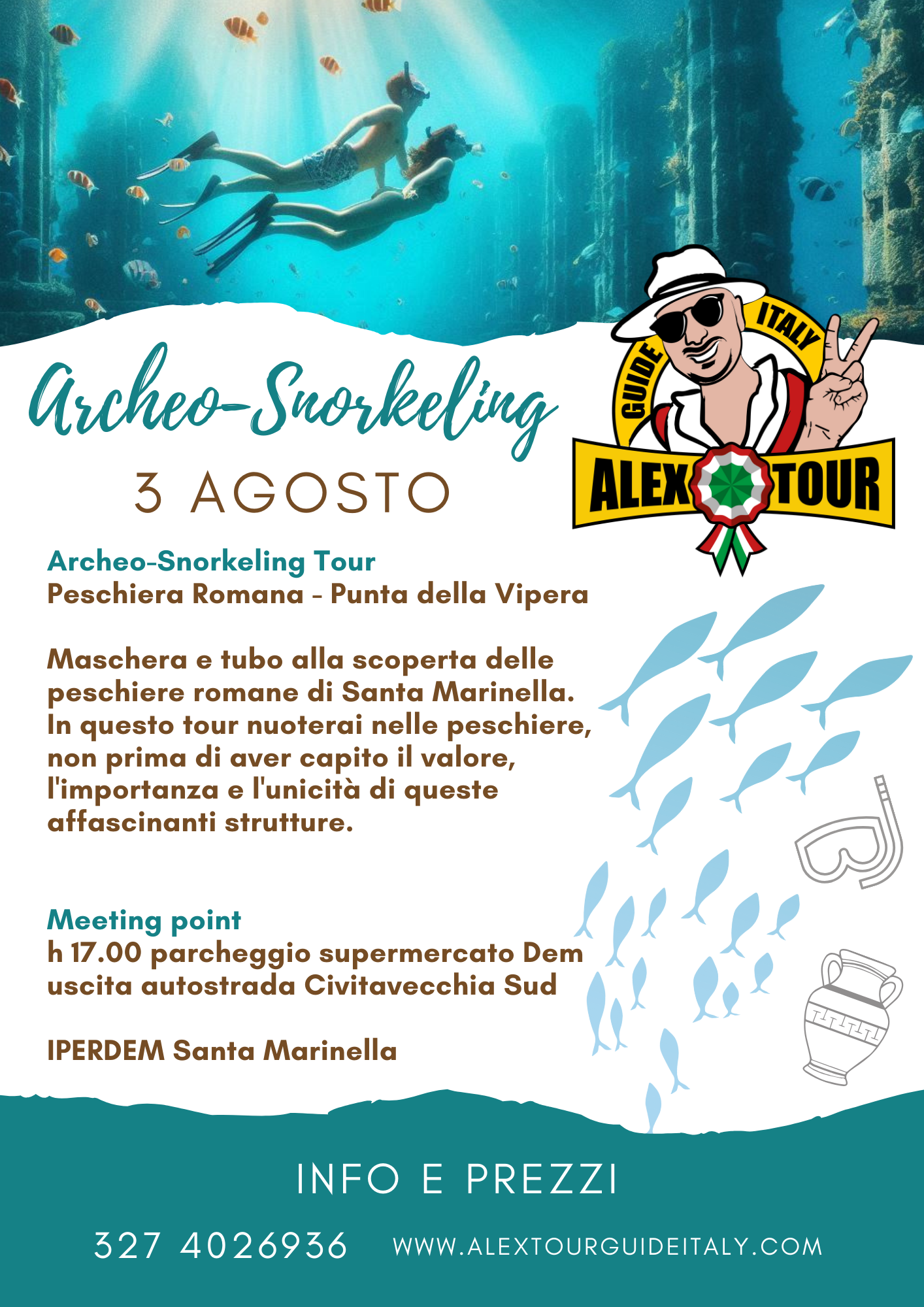 Volontari che fanno snorkeling in acque cristalline tra antiche strutture di Roma, con pesci circostanti, per un tour subacqueo guidato.