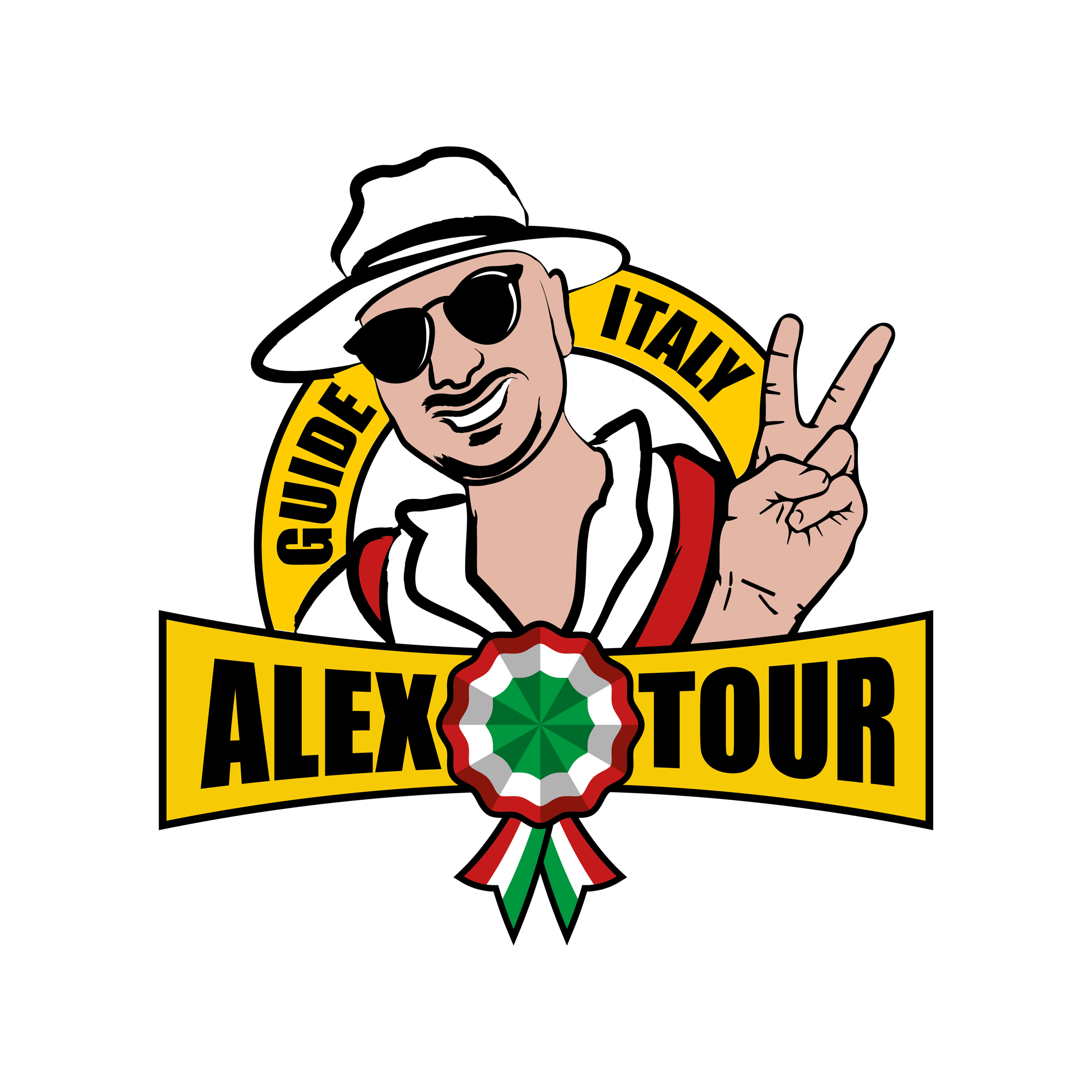 Illustrazione di un uomo con cappello bianco, occhiali da sole, vestito con abbigliamento da turista e che fa il gesto della pace con due dita. Sullo sfondo, un logo circolare con la scritta "Guide Italy" e una fascia con le parole "Alex Tour" e un ricordo con i colori della bandiera italiana.