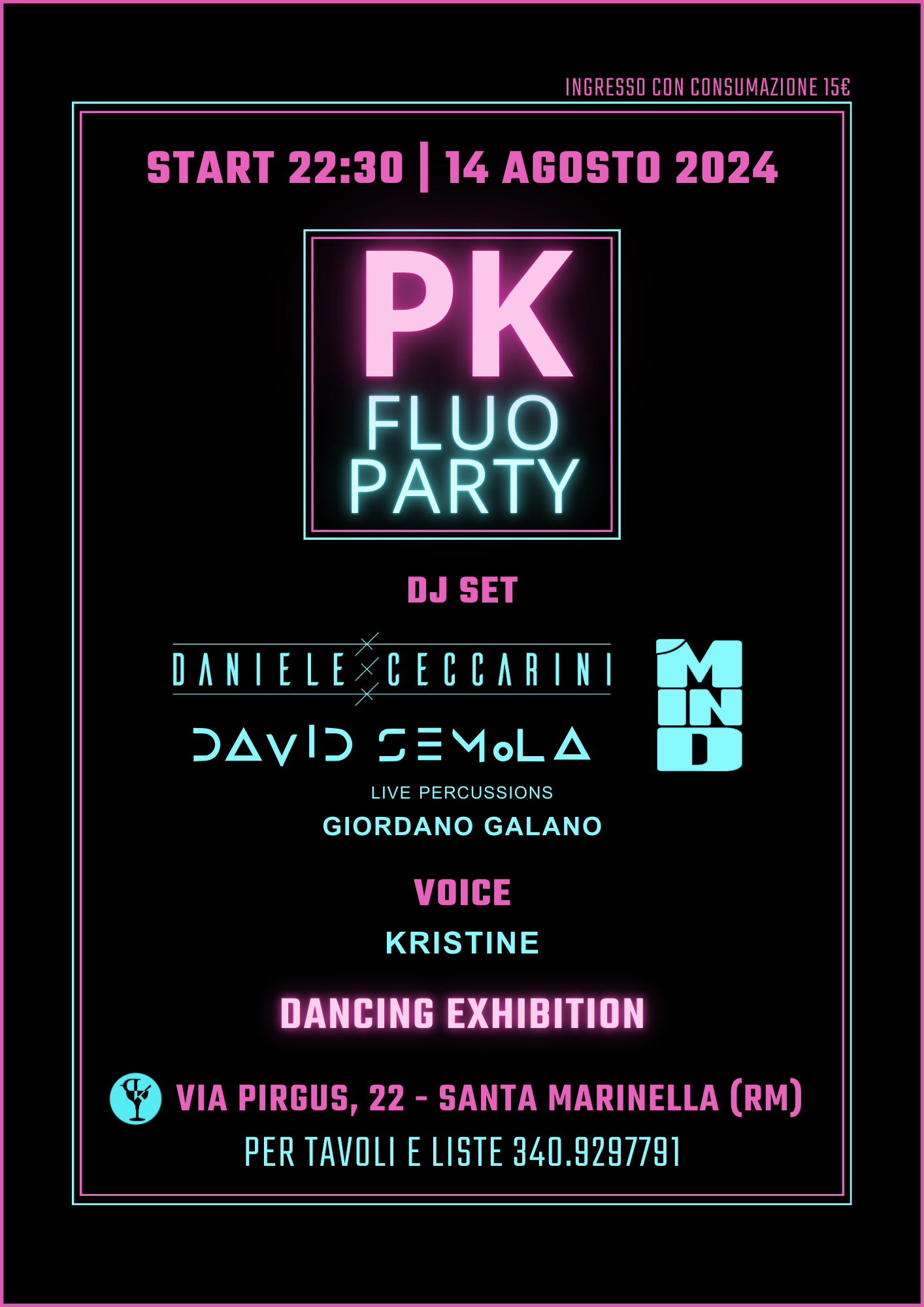 Locandina di un evento chiamato 'PK Fluò Party' con dettagli sulla data, ora, location e artisti coinvolti, in stile neon su sfondo nero.