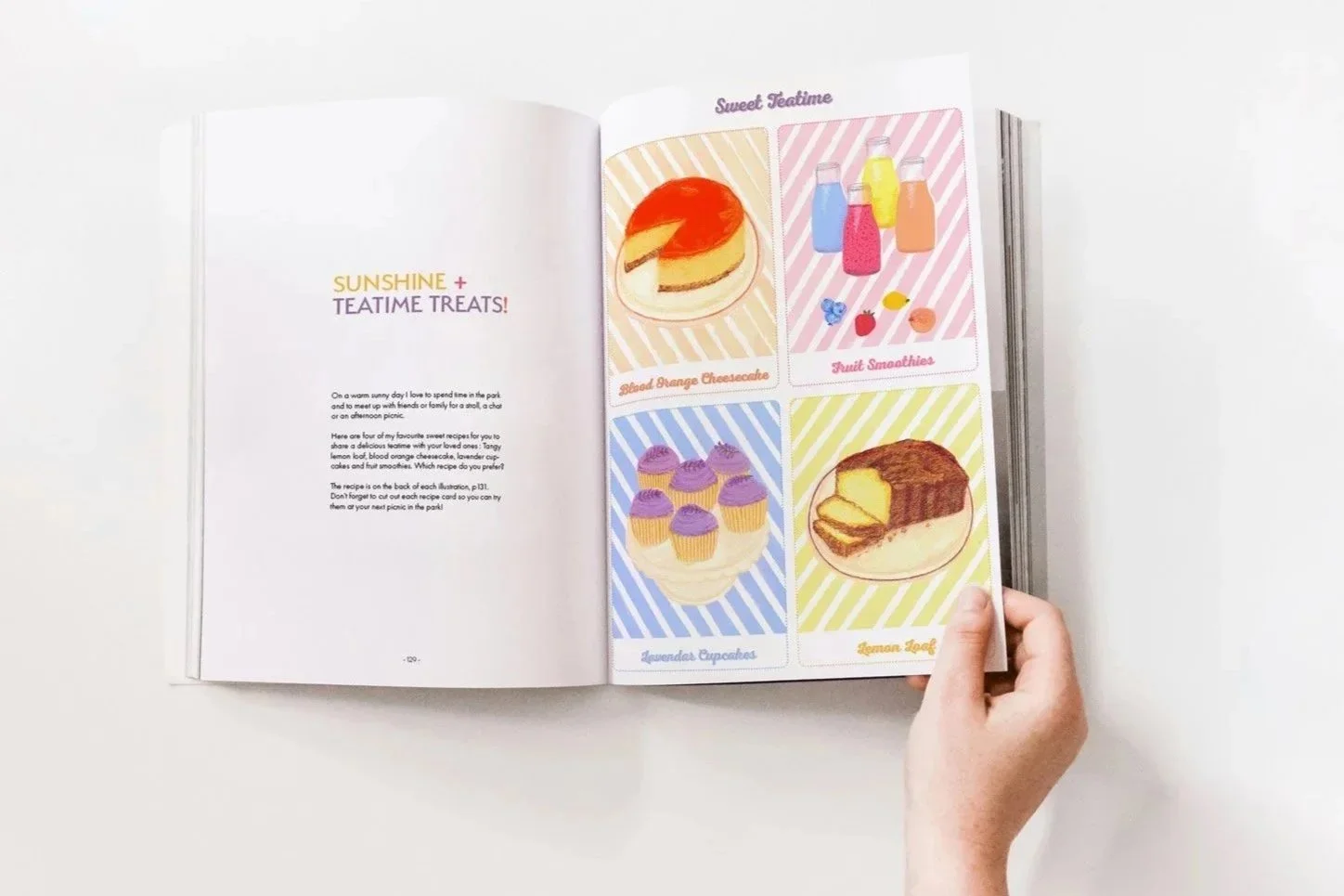 illustrated of Lavendar cupcakes, lemon cake, orange cheesecake and fruit smoothies. 