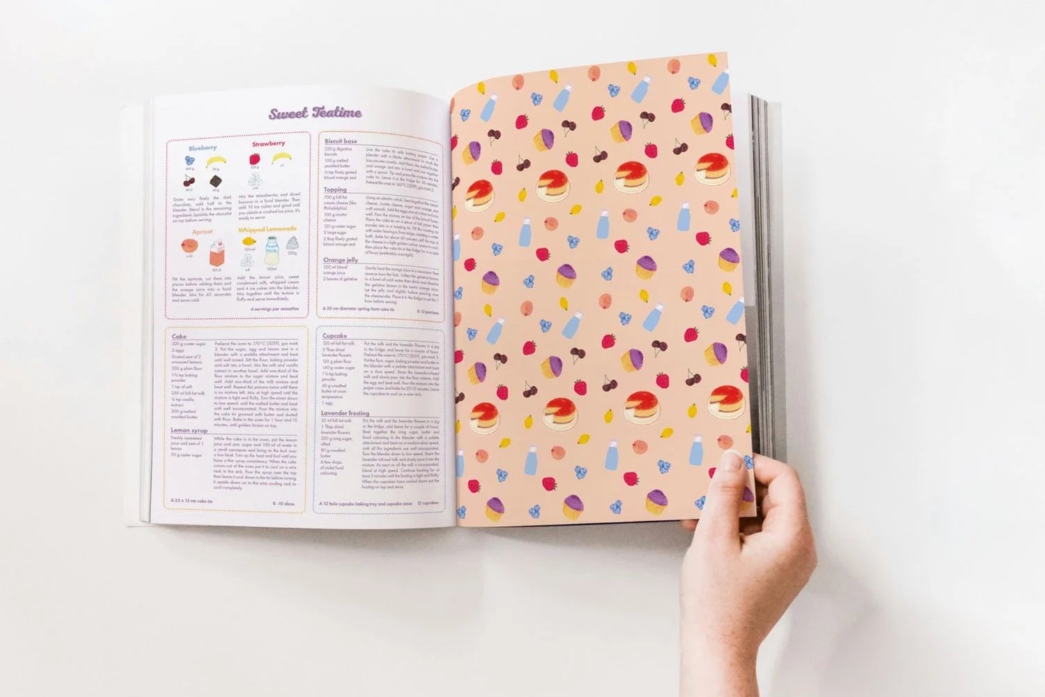 Illustrated recipe for making lavender cupcakes, lemon cake, orange cheesecake and fruit smoothies.