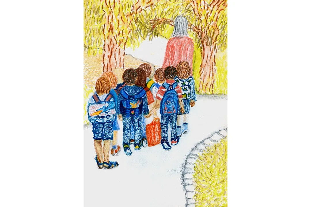 Children following their new teacher on first day back to school. Coloured watercolour pencils used.