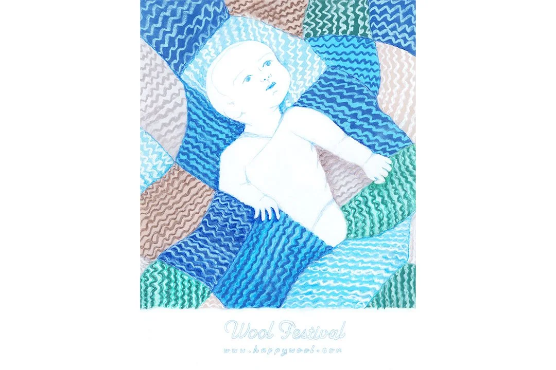 A3 poster for a Wool festival. Featuring a baby wrapped in blue woollen blanket