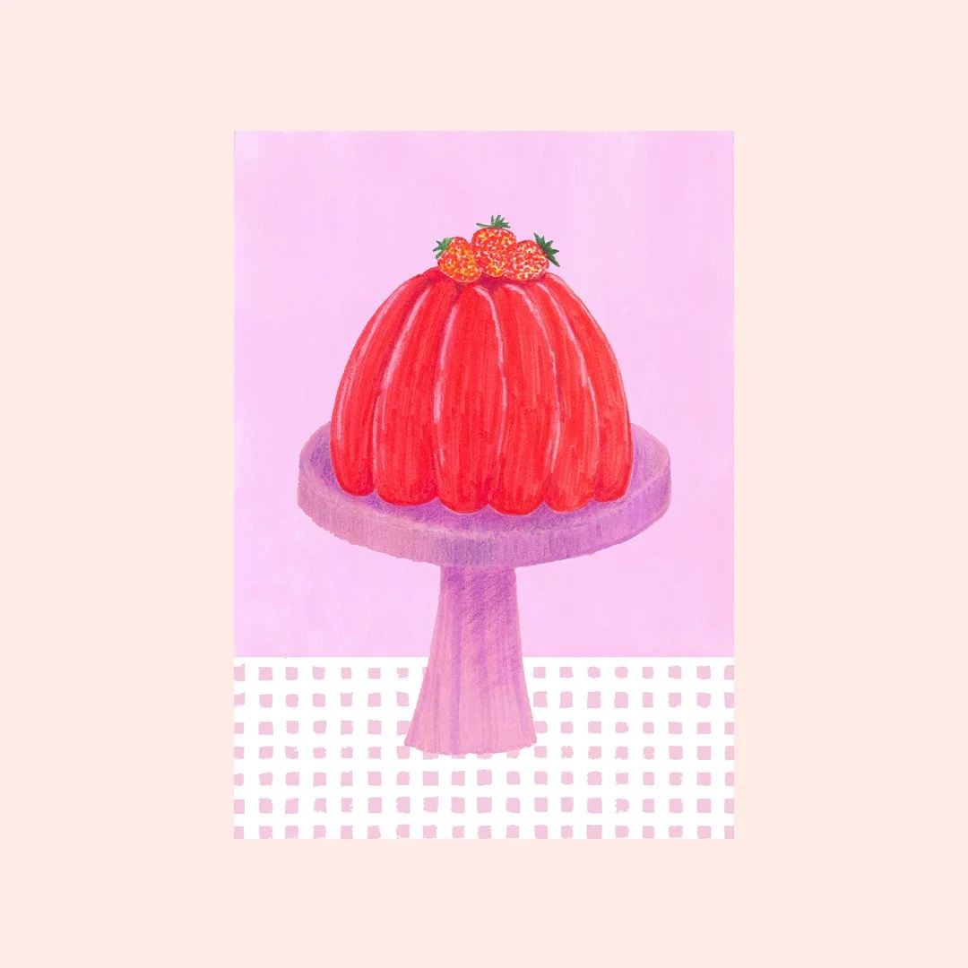 Red strawberry jelly illustration art print on pink gingham background
