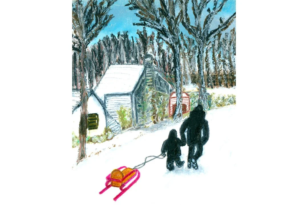 Man and a boy sledging in the snow. 