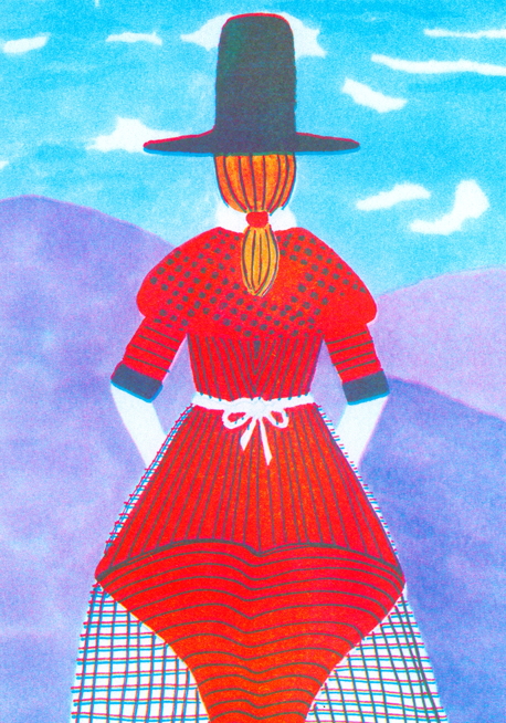 Welsh Lady in traditional Welsh costume to celebrate Saint David's day. Risography print