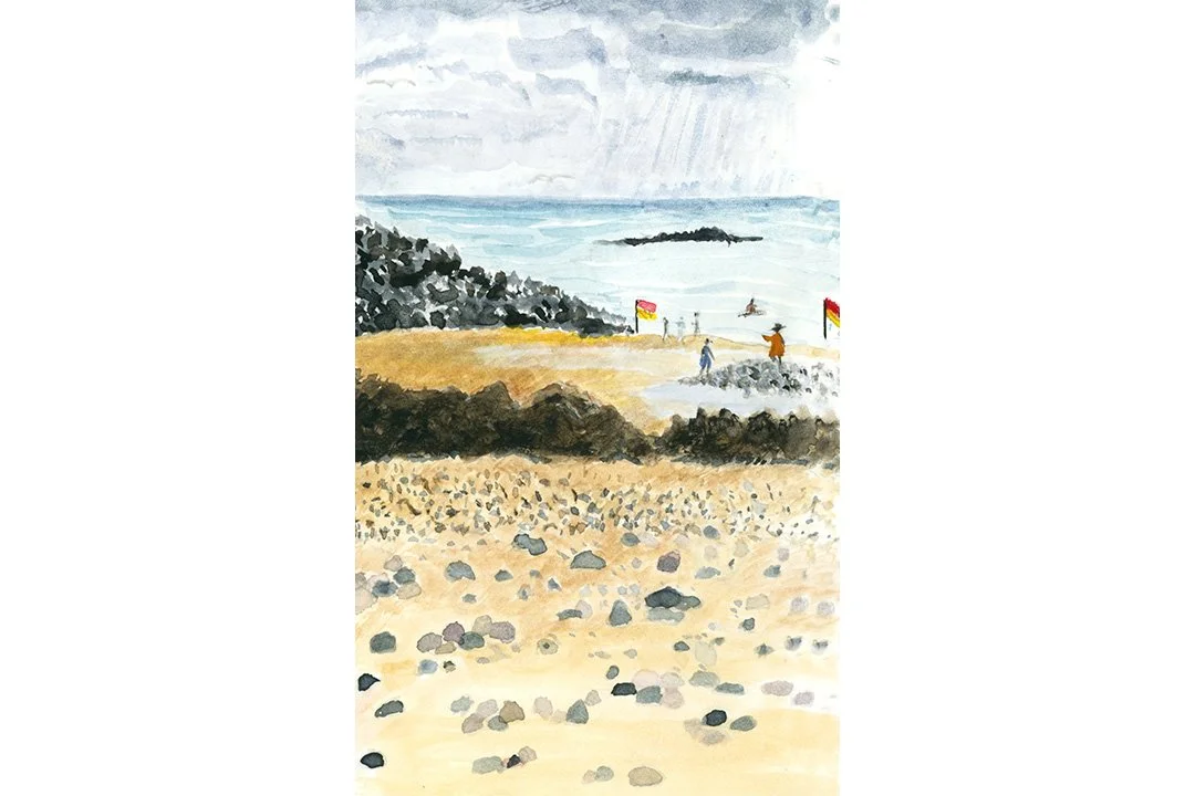 Watercolour illustration of Langland Bay on the Gower coast in Wales at low tide, featuring swimmers, surfers and coastal rock pools, painted by Paris-based illustrator Clare Jones.