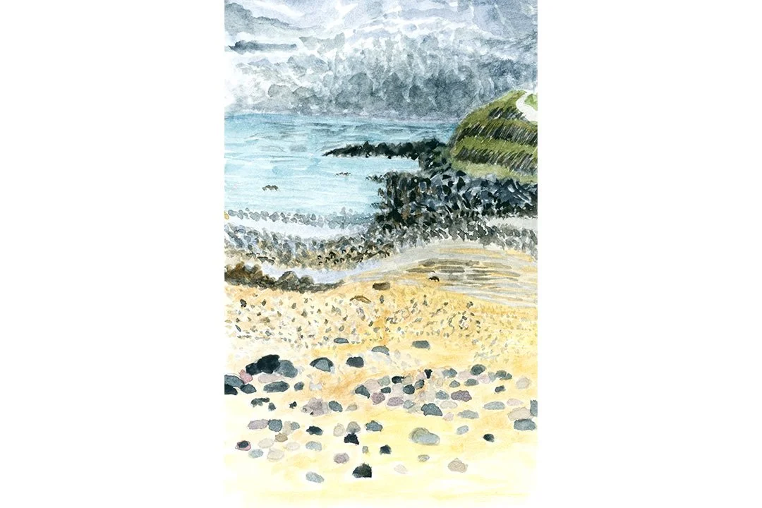 Watercolour illustration of Langland Bay on the Gower coast in Wales at low tide, featuring swimmers, surfers and coastal rock pools, painted by Paris-based illustrator Clare Jones.
